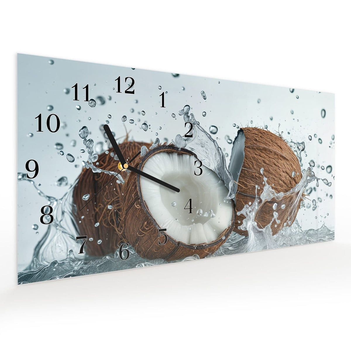 Vormontiert – mit Schwebeeffekt – Wanduhr Kokosnuss Wasserplatsch aus Glas – Querformat 60 × 30 cm
