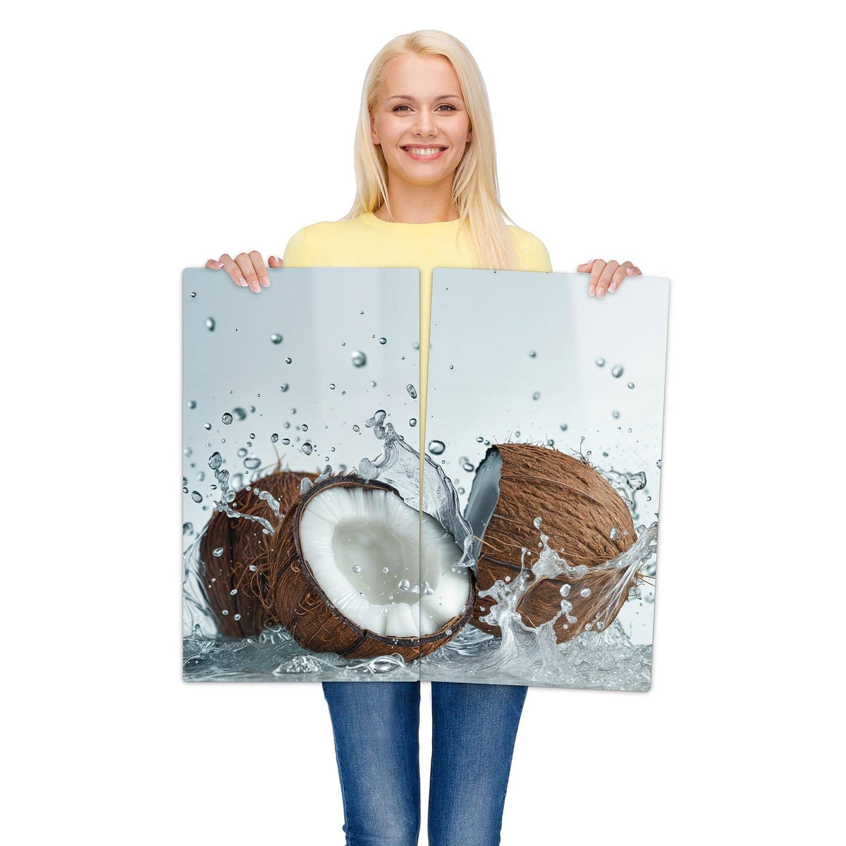 2-teilige Abdeckplatten für Ceranfeld mit Kokosnuss Wasserplatsch-Motiv wird zur Größendarstellung gehalten