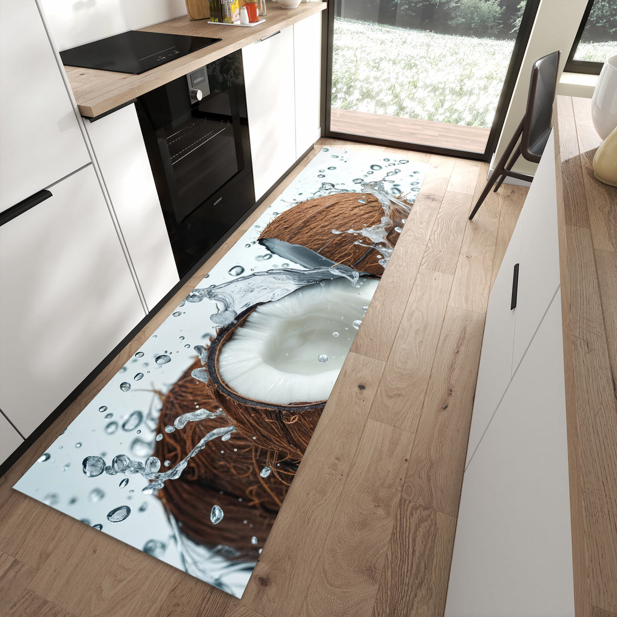 Küchenteppich mit Motiv Kokosnuss Wasserplatsch für angenehmes Stehen in moderner Küche