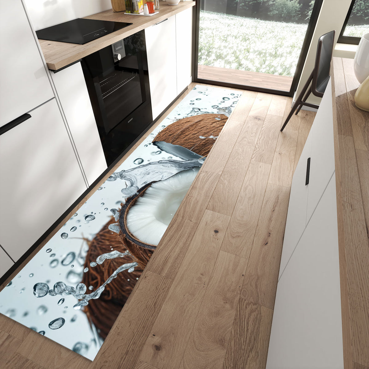 Pflegeleichter Küchenteppich mit Motiv Kokosnuss Wasserplatsch in moderner Küche
