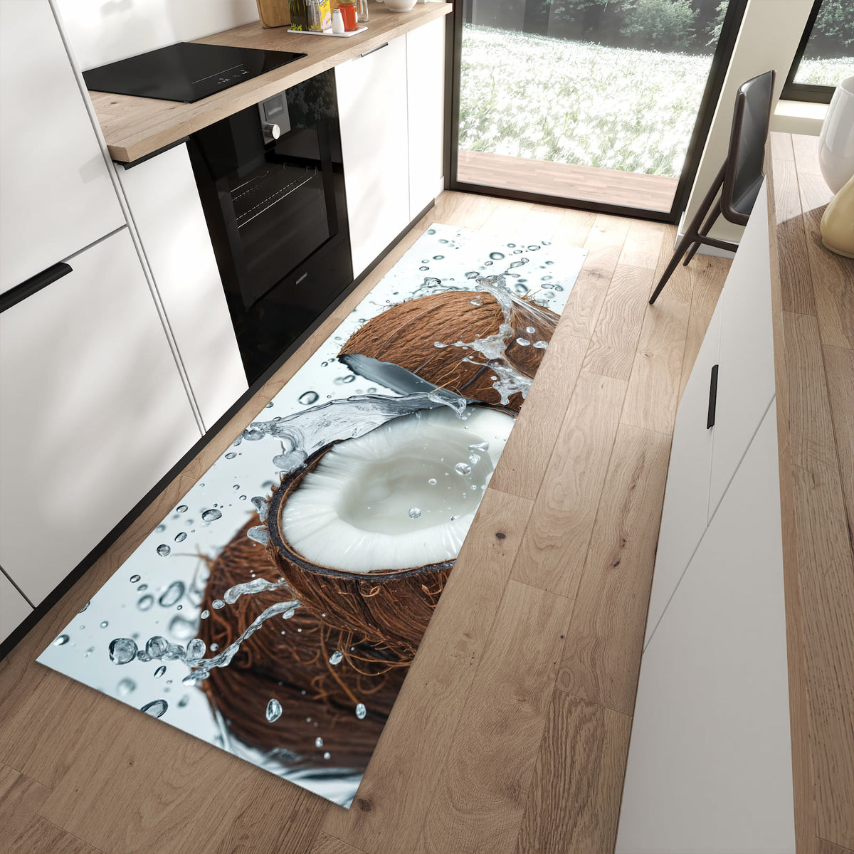Leicht zu reinigender Küchenteppich mit Motiv Kokosnuss Wasserplatsch in moderner Küche
