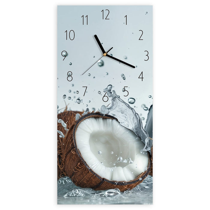 Wanduhr Kokosnuss Wasserplatsch aus Glas – Hochformat 30 × 60 cm mit Ziffernblatt Elegant
