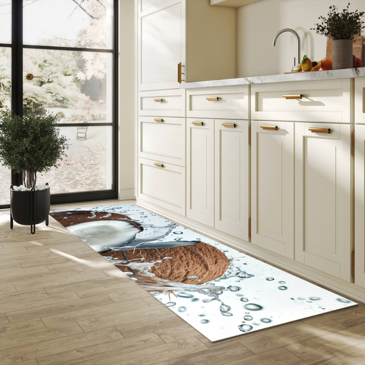 Küchenteppich mit Motiv Kokosnuss Wasserplatsch für Ordnung in heller Küche