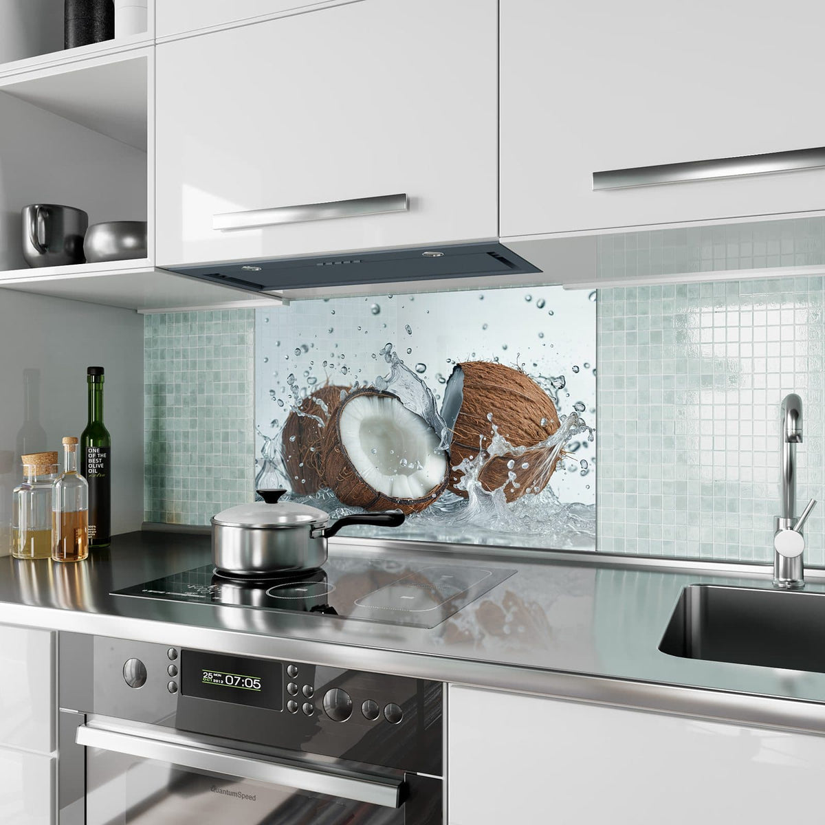 Küchenrückwand aus Glas Halbe Kokosnuss im Hochformat als Spritzschutz hinter dem Kochfeld, über dem Fliesenspiegel montiert