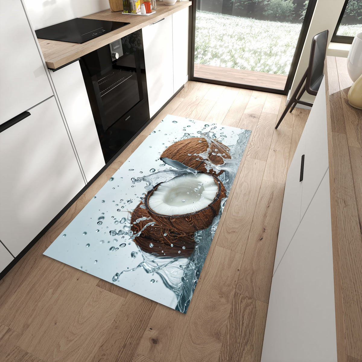 Strapazierfähiger rutschfester Küchenteppich mit Motiv Kokosnuss Wasserplatsch in moderner Küche