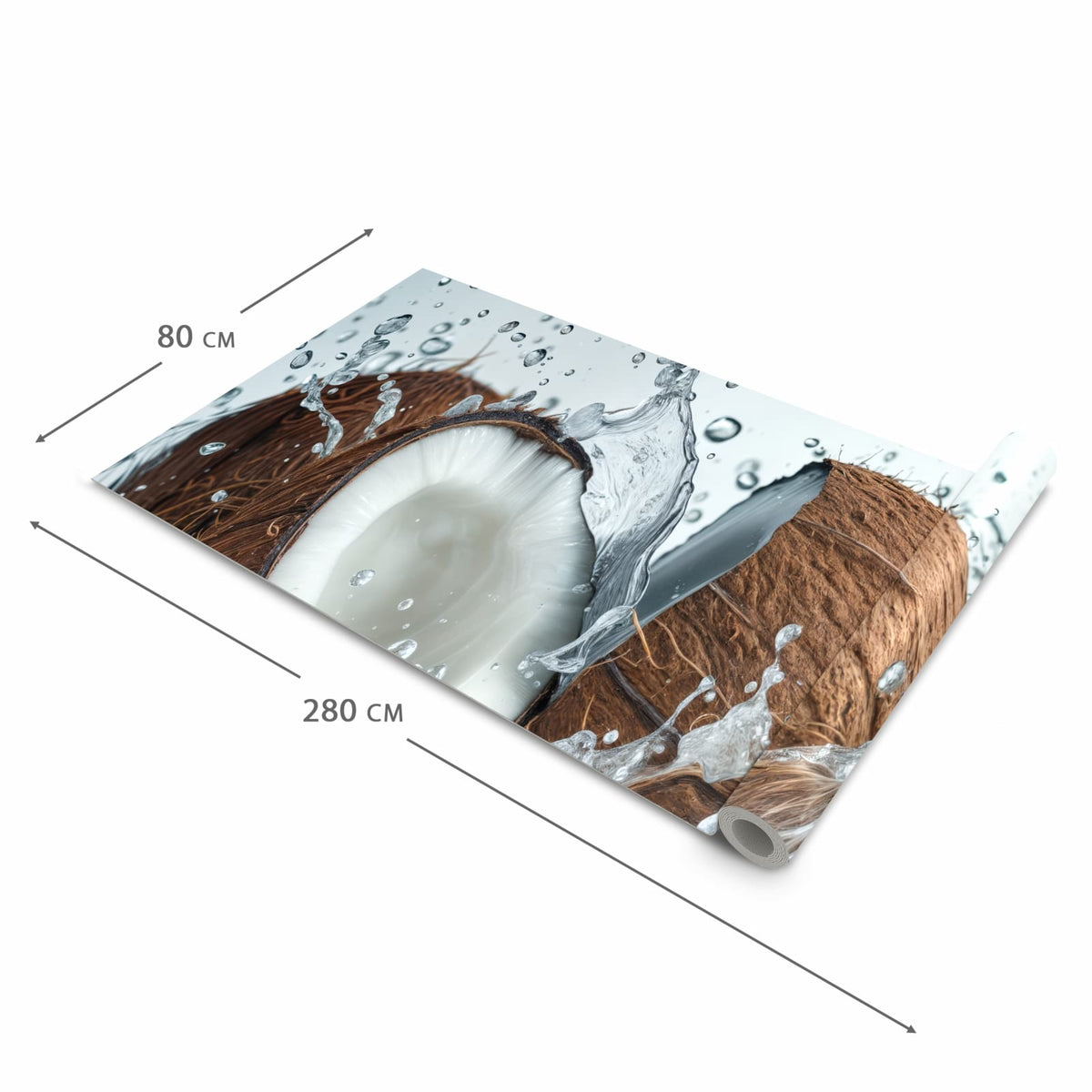 Waschbarer Küchenteppich mit Motiv Kokosnuss Wasserplatsch in der Grösse 90x180 cm