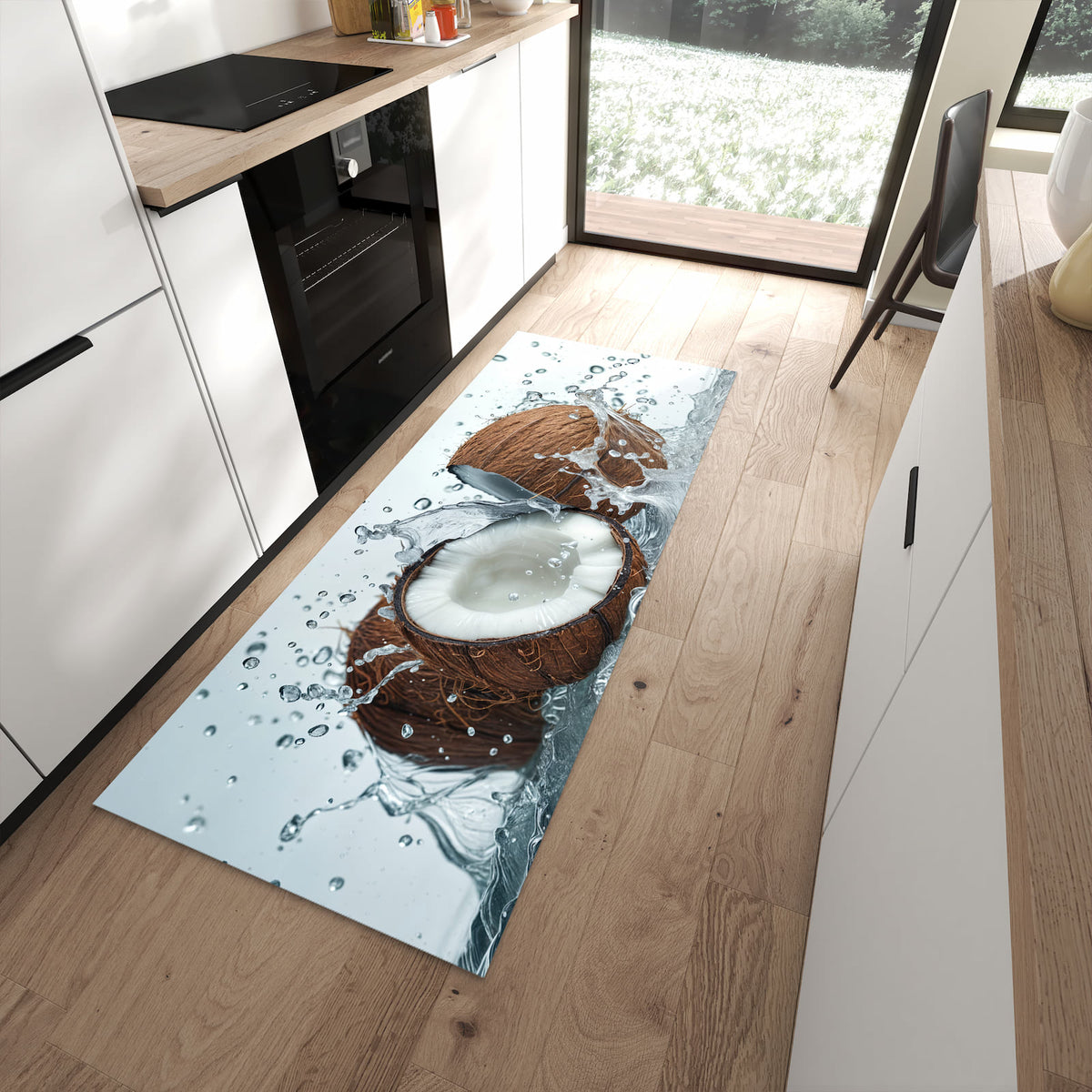 Rutschfester Küchenteppich mit Motiv Kokosnuss Wasserplatsch in moderner Küche