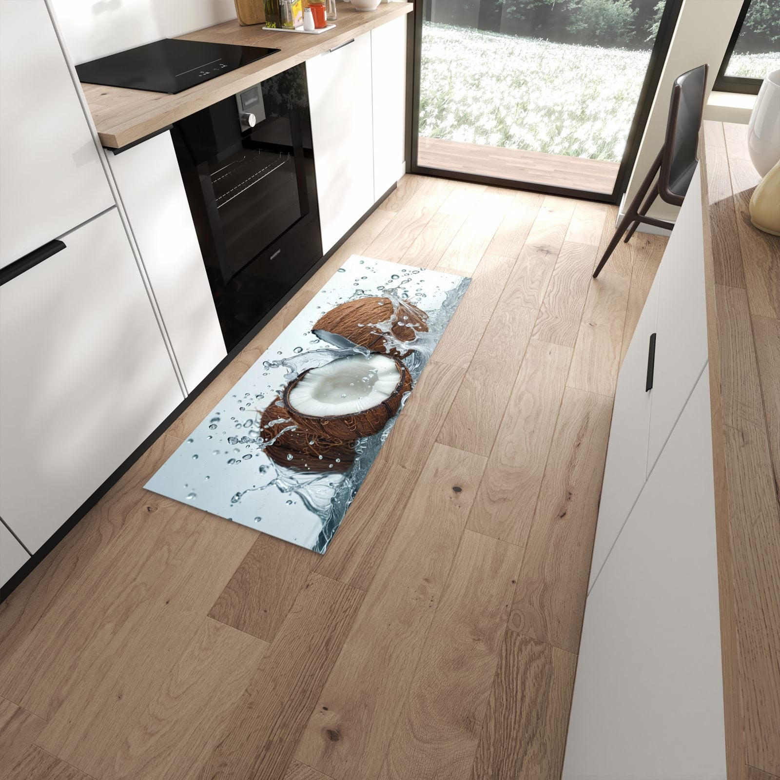 Schmutzabweisender Bodenläufer mit Motiv Kokosnuss Wasserplatsch in moderner Küche #grösse_60 x 150 cm