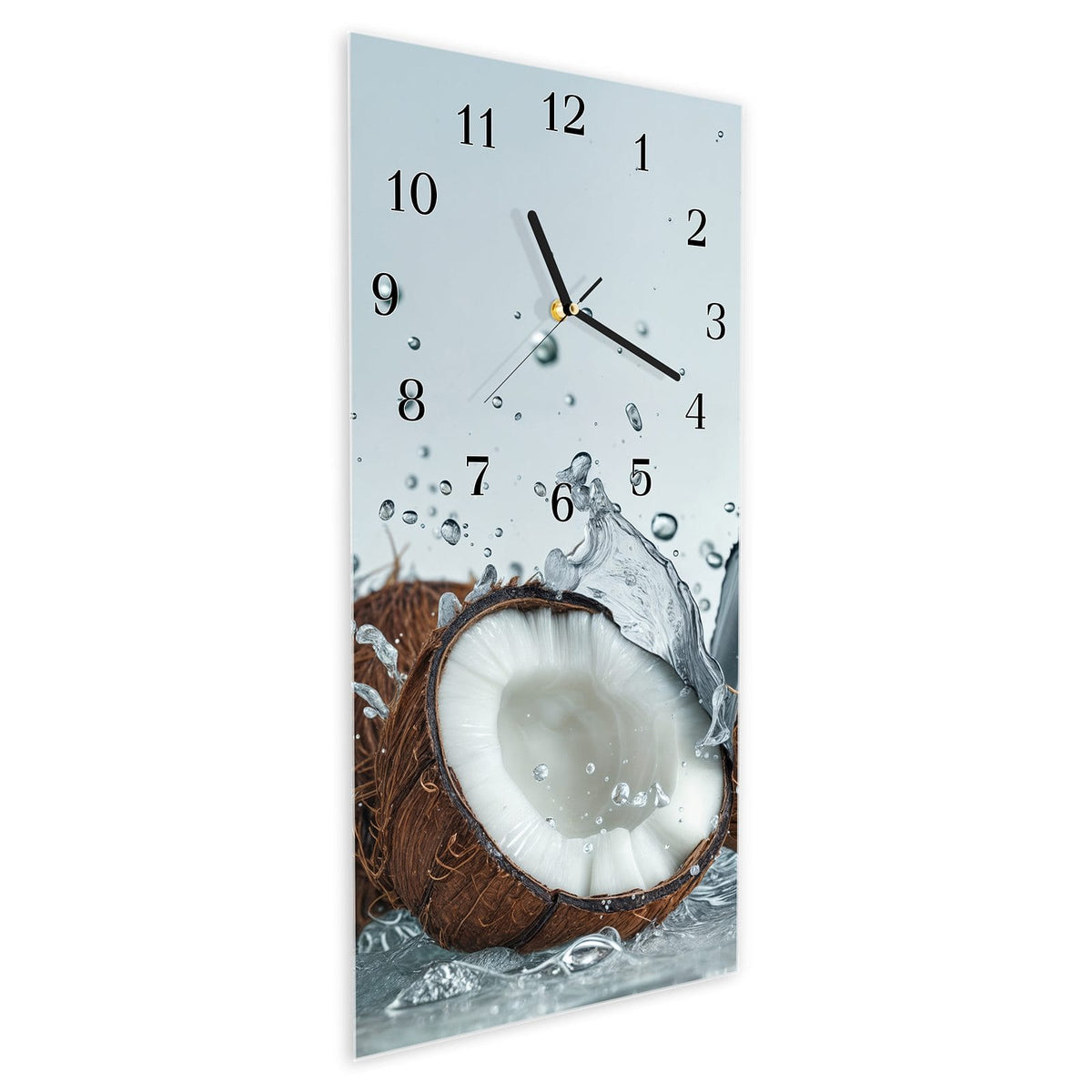 Vormontiert – mit Schwebeeffekt – Wanduhr Kokosnuss Wasserplatsch aus Glas – Hochformat 30 × 60 cm
