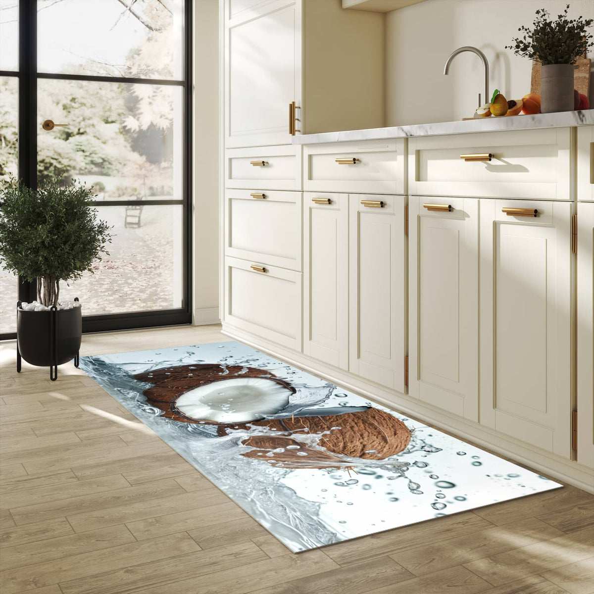 Formstabiler Küchenteppich mit Motiv Kokosnuss Wasserplatsch in heller Küche