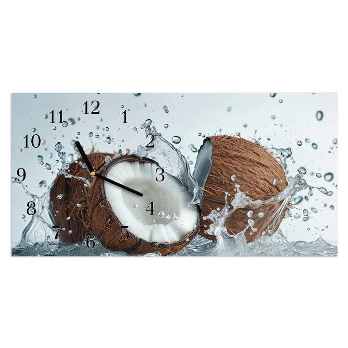 Wanduhr Kokosnuss Wasserplatsch aus Glas – Querformat 60 × 30 cm mit Ziffernblatt Klassisch