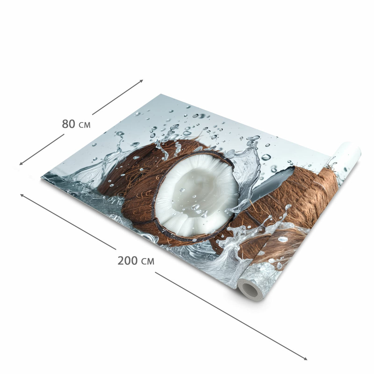 Hygienischer Küchenteppich mit Motiv Kokosnuss Wasserplatsch in der Grösse 90x180 cm