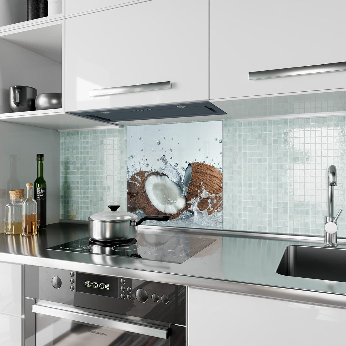 Küchenrückwand Halbe Kokosnuss aus Glas – Halbe Kokosnuss im Wasserspritzer