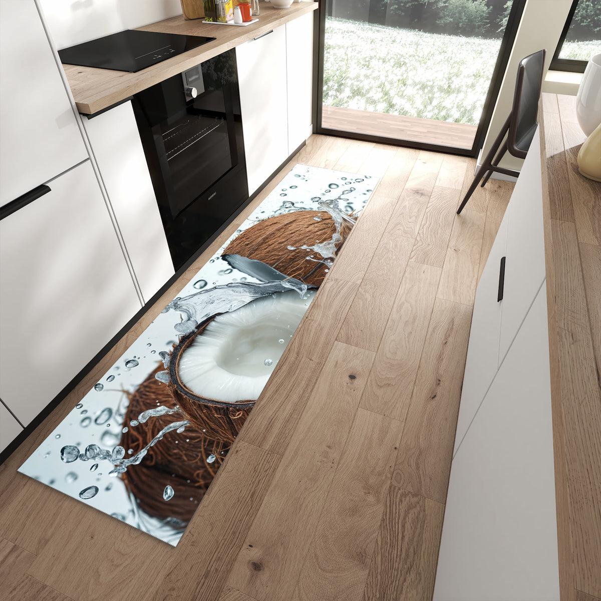 Langlebiger Küchenteppich mit Motiv Kokosnuss Wasserplatsch in moderner Küche
