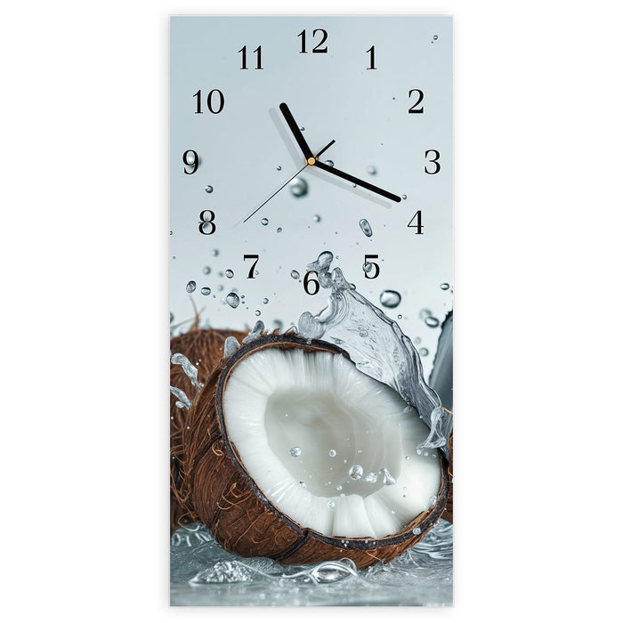 Wanduhr Kokosnuss Wasserplatsch aus Glas – Hochformat 30 × 60 cm mit Ziffernblatt Klassisch