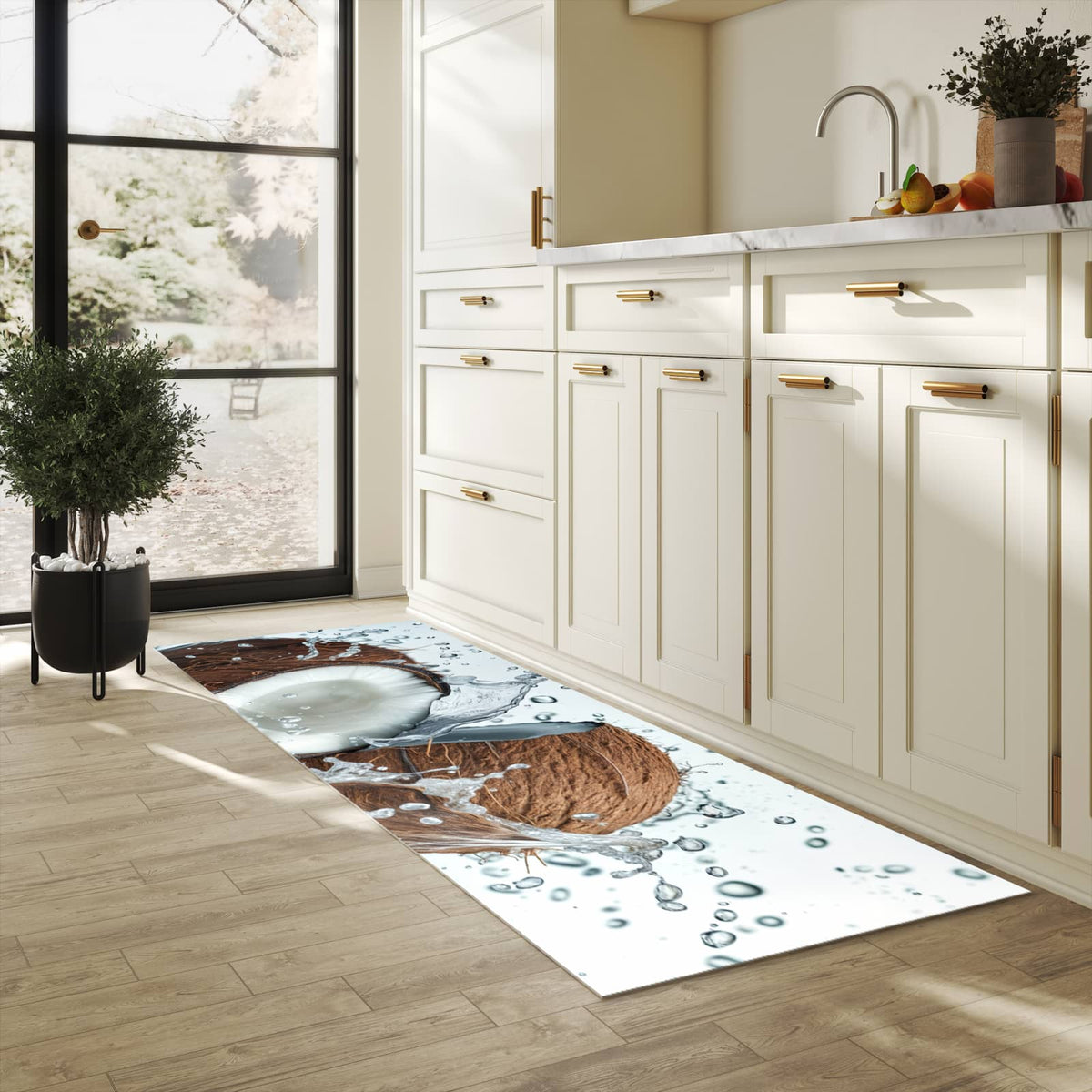 Bodenschonender Küchenteppich mit Motiv Kokosnuss Wasserplatsch in heller Küche