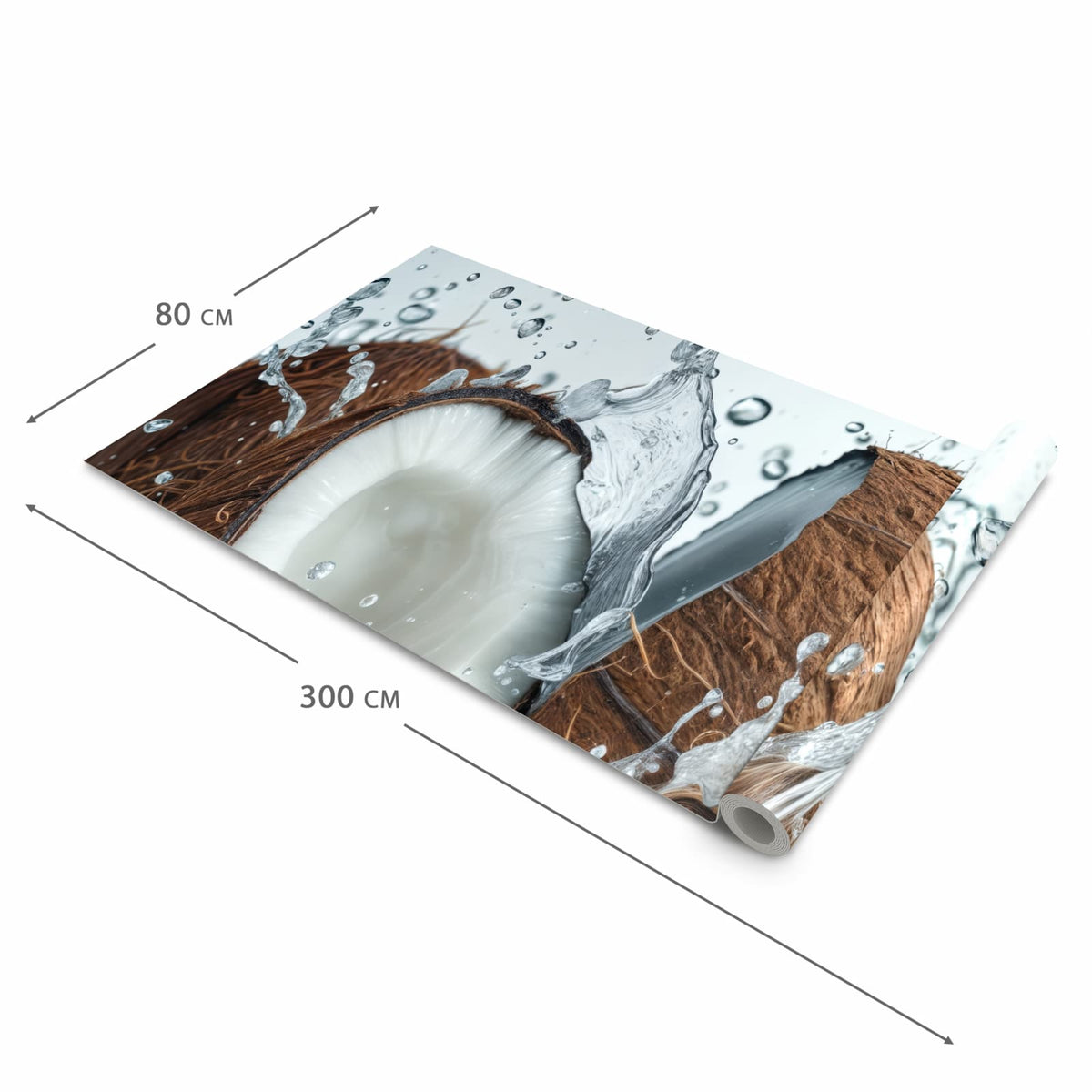 Langlebiger Teppich für die Küche mit Motiv Kokosnuss Wasserplatsch in der Grösse 90x180 cm