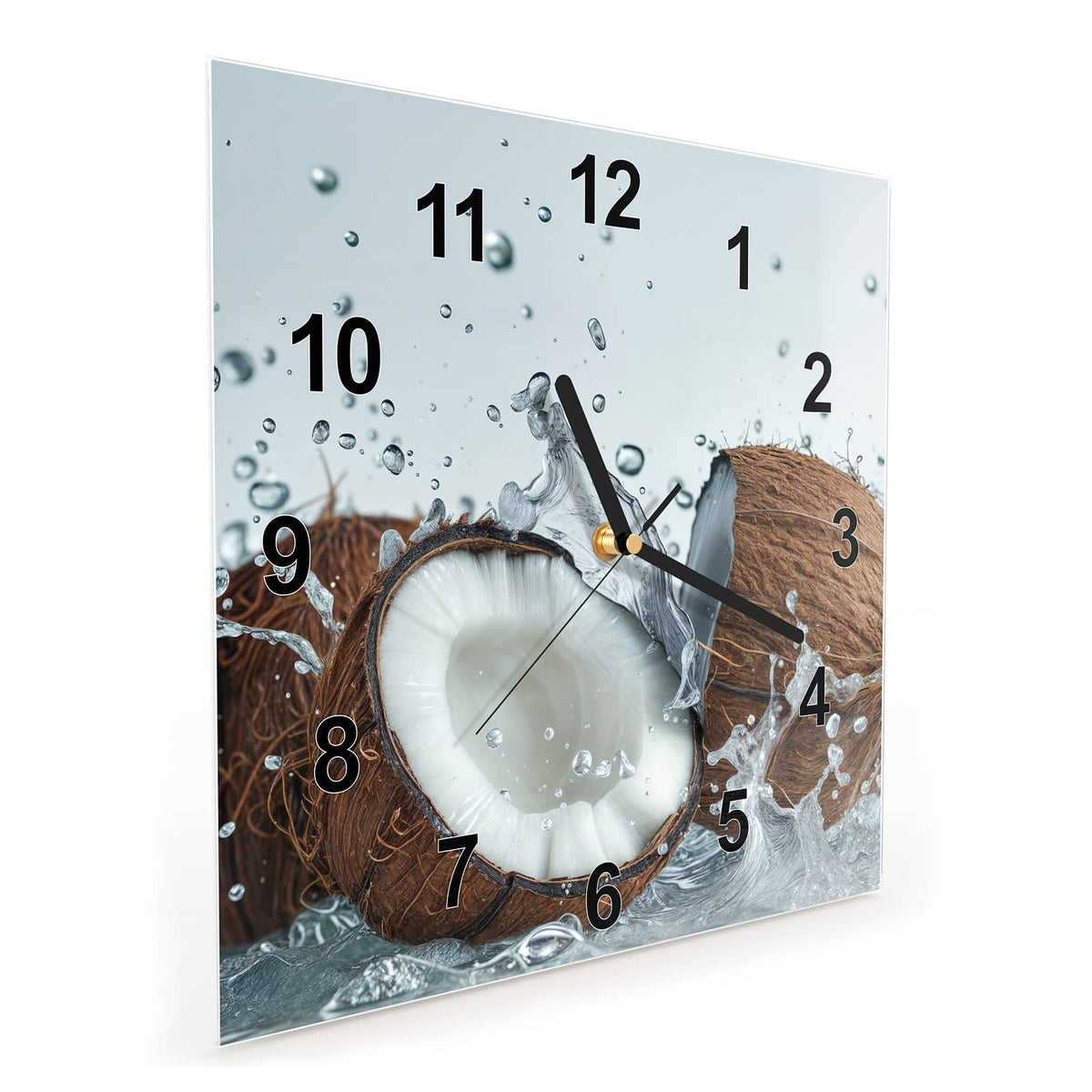 Quadratische Wanduhr aus Glas Halbe Kokosnuss schräg von der Seite, 4 mm starkes Glas