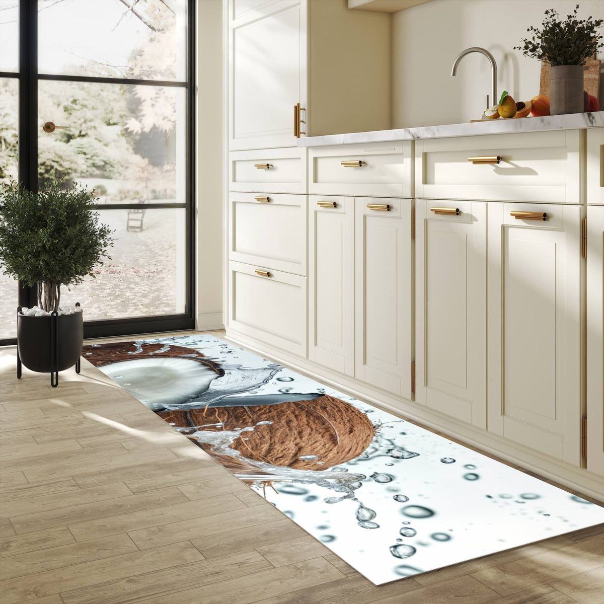 Bodenschonender Küchenteppich mit Motiv Kokosnuss Wasserplatsch in heller Küche