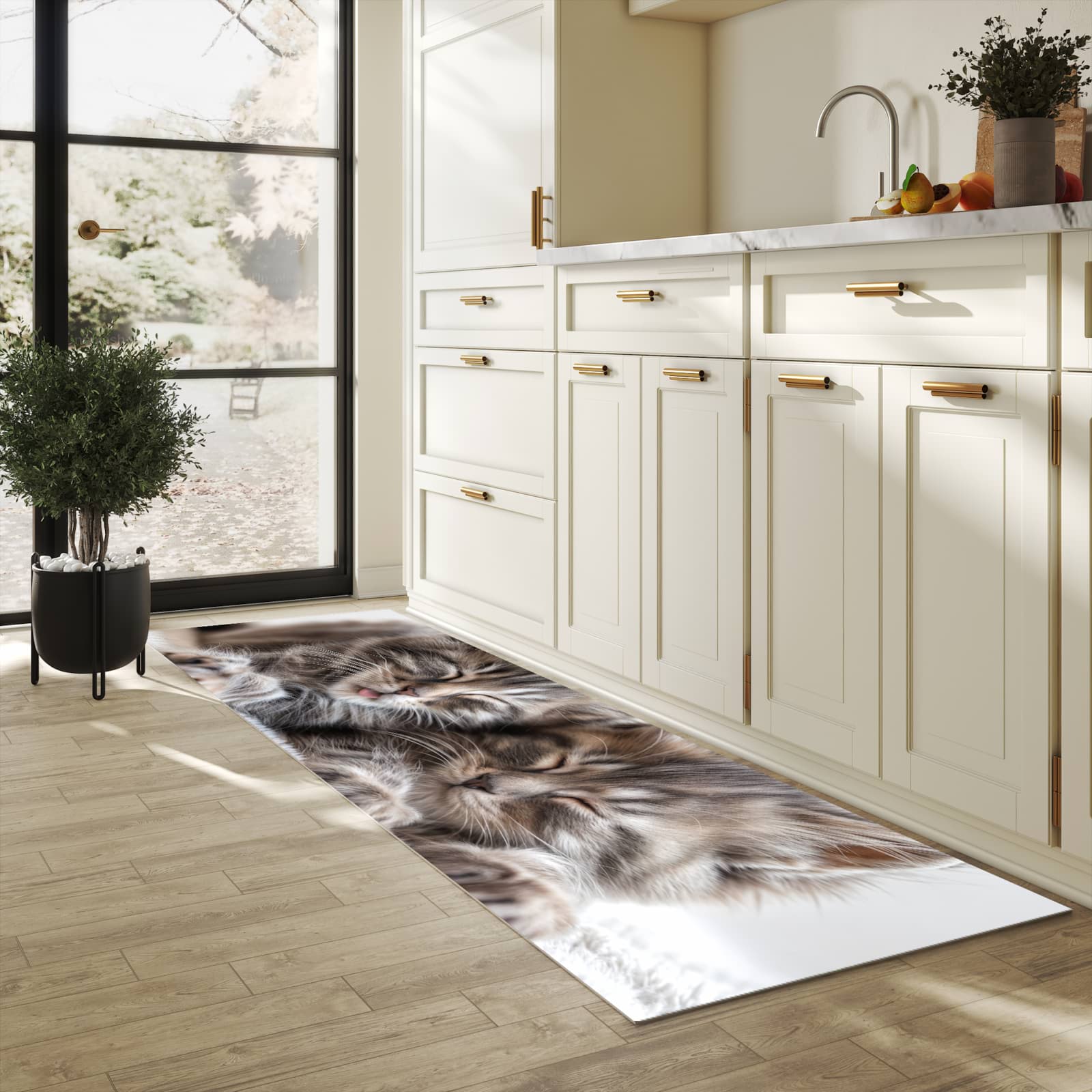 Flacher rutschfester Küchenläufer mit Motiv Schlafende Kätzchen in heller Küche