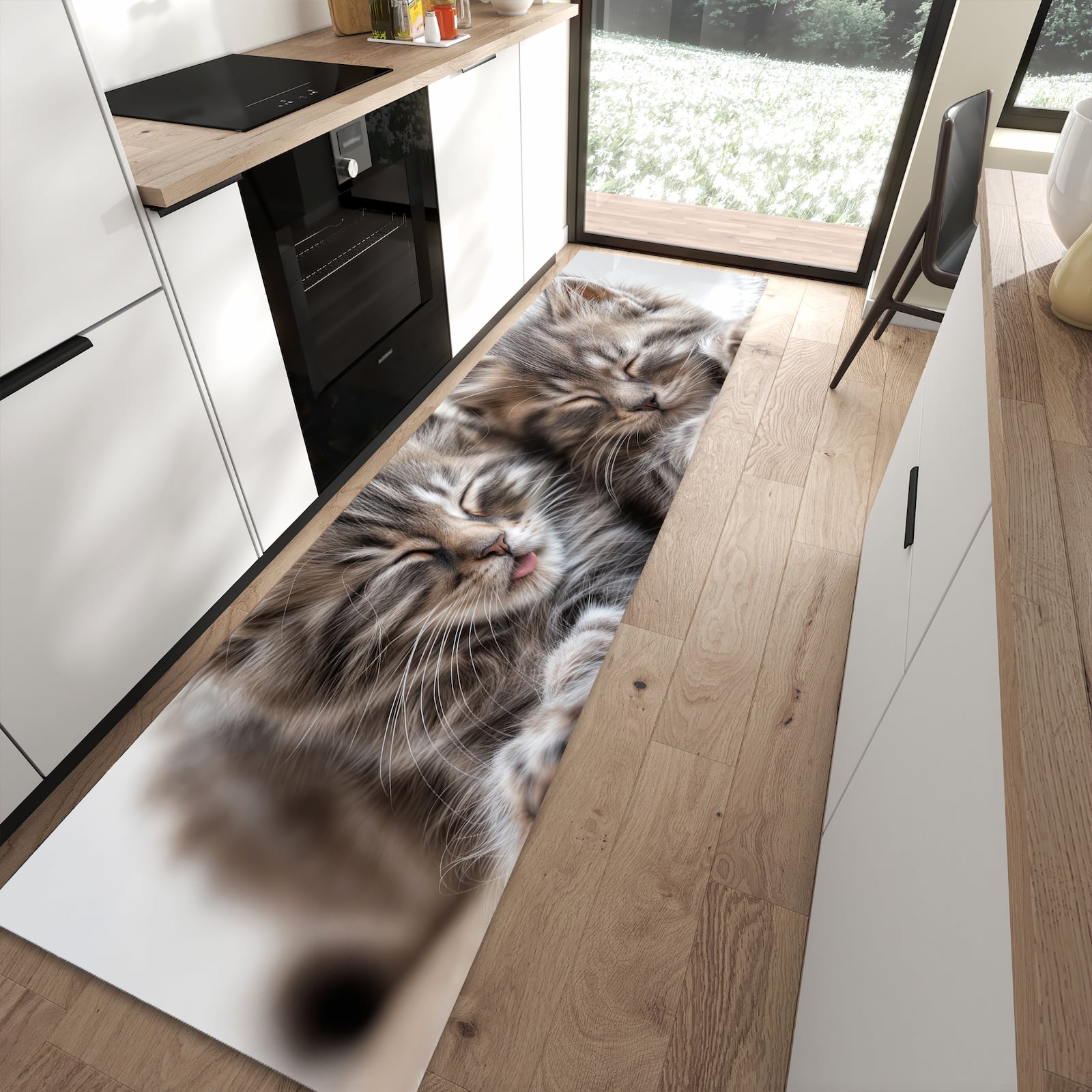 UV-beständiger waschbarer Küchenteppich mit Motiv Schlafende Kätzchen in moderner Küche