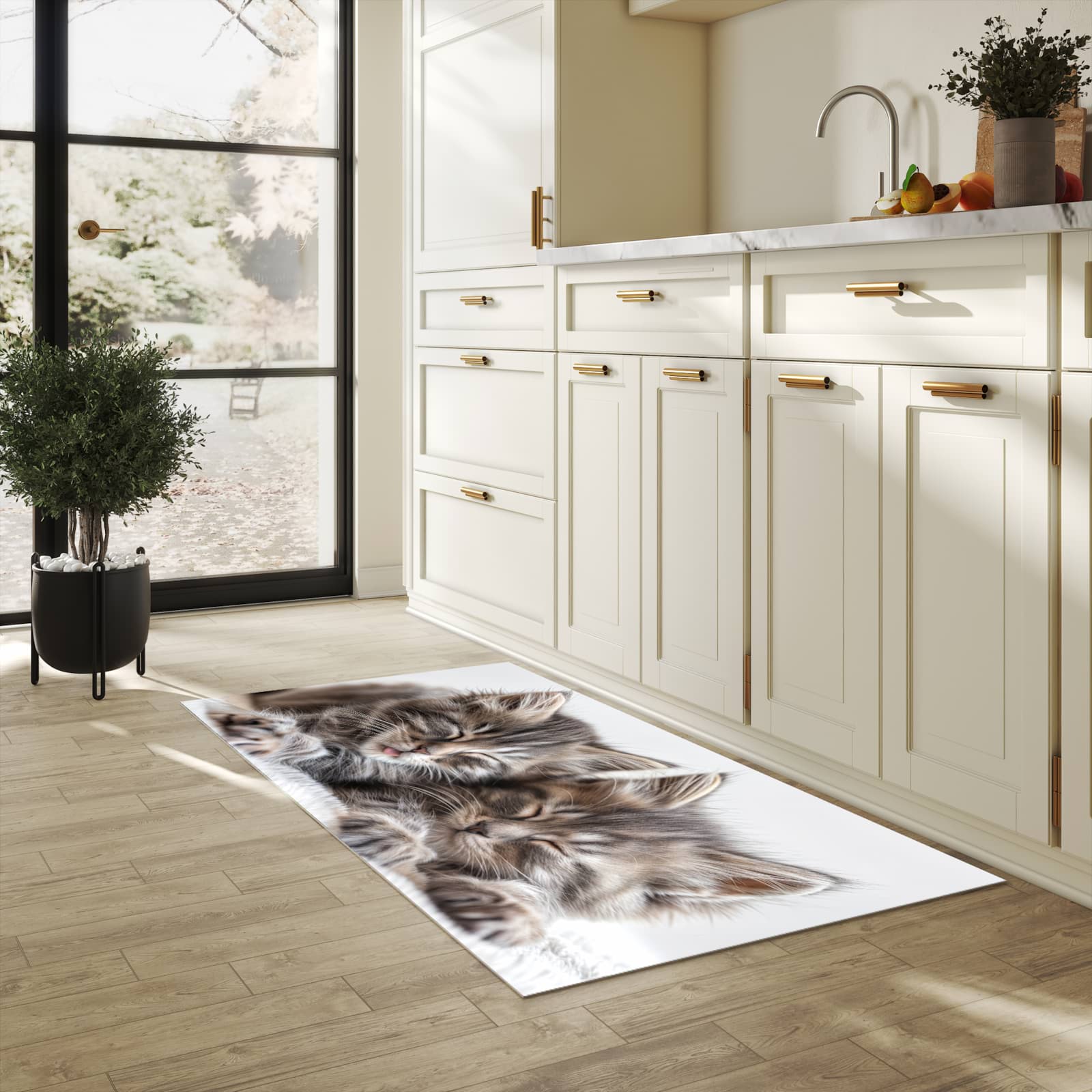 Komfortabler rutschfester Küchenläufer mit Motiv Schlafende Kätzchen in heller Küche