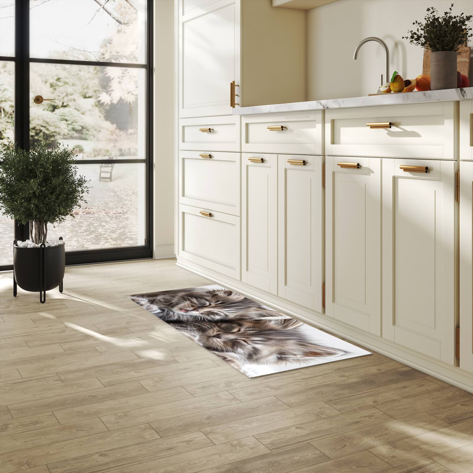 Abriebfester großer Küchenteppich mit Motiv Schlafende Kätzchen in heller Küche