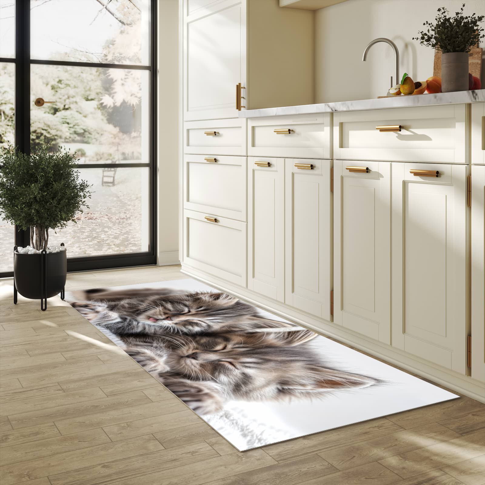 Rutschfester Küchenläufer mit Motiv Schlafende Kätzchen in heller Küche