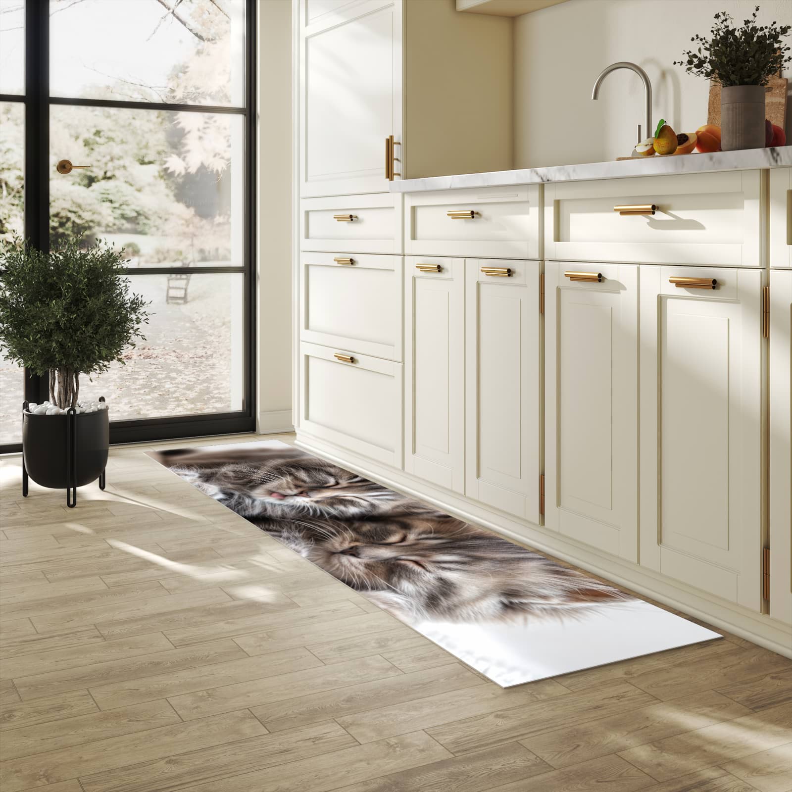 Wasserabweisender Küchenläufer mit Motiv Schlafende Kätzchen in heller Küche