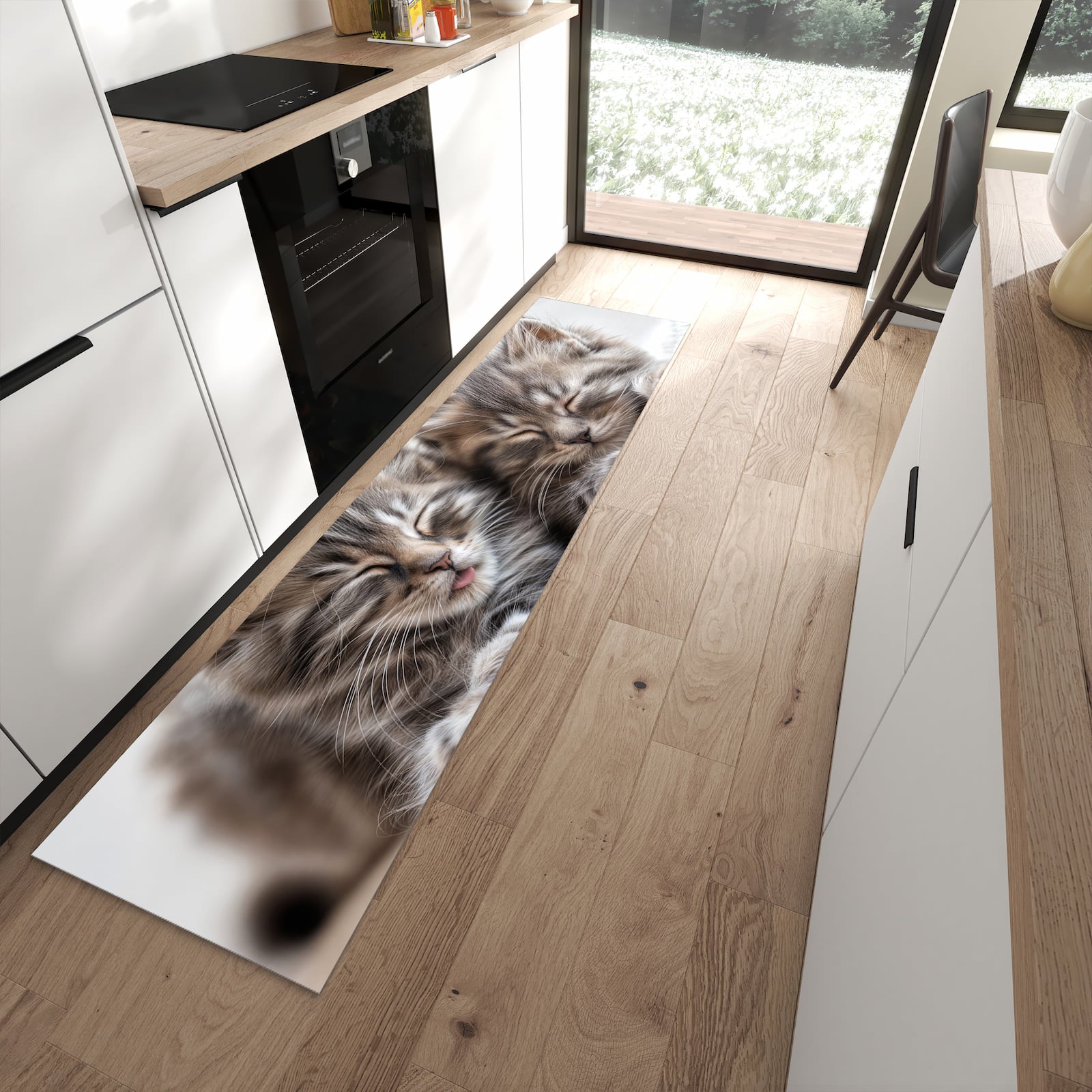 Bodenschonender waschbarer Küchenläufer mit Motiv Schlafende Kätzchen in moderner Küche