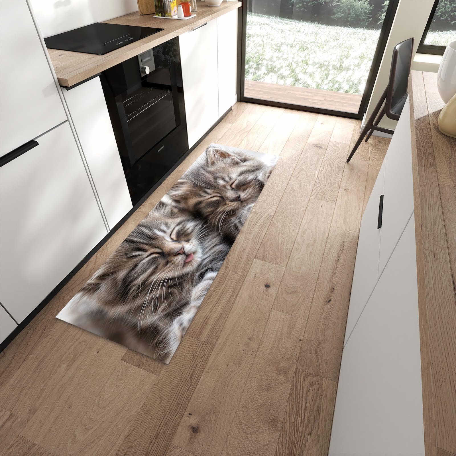 Ordnungsschaffender Teppichläufer mit Motiv Schlafende Kätzchen in moderner Küche