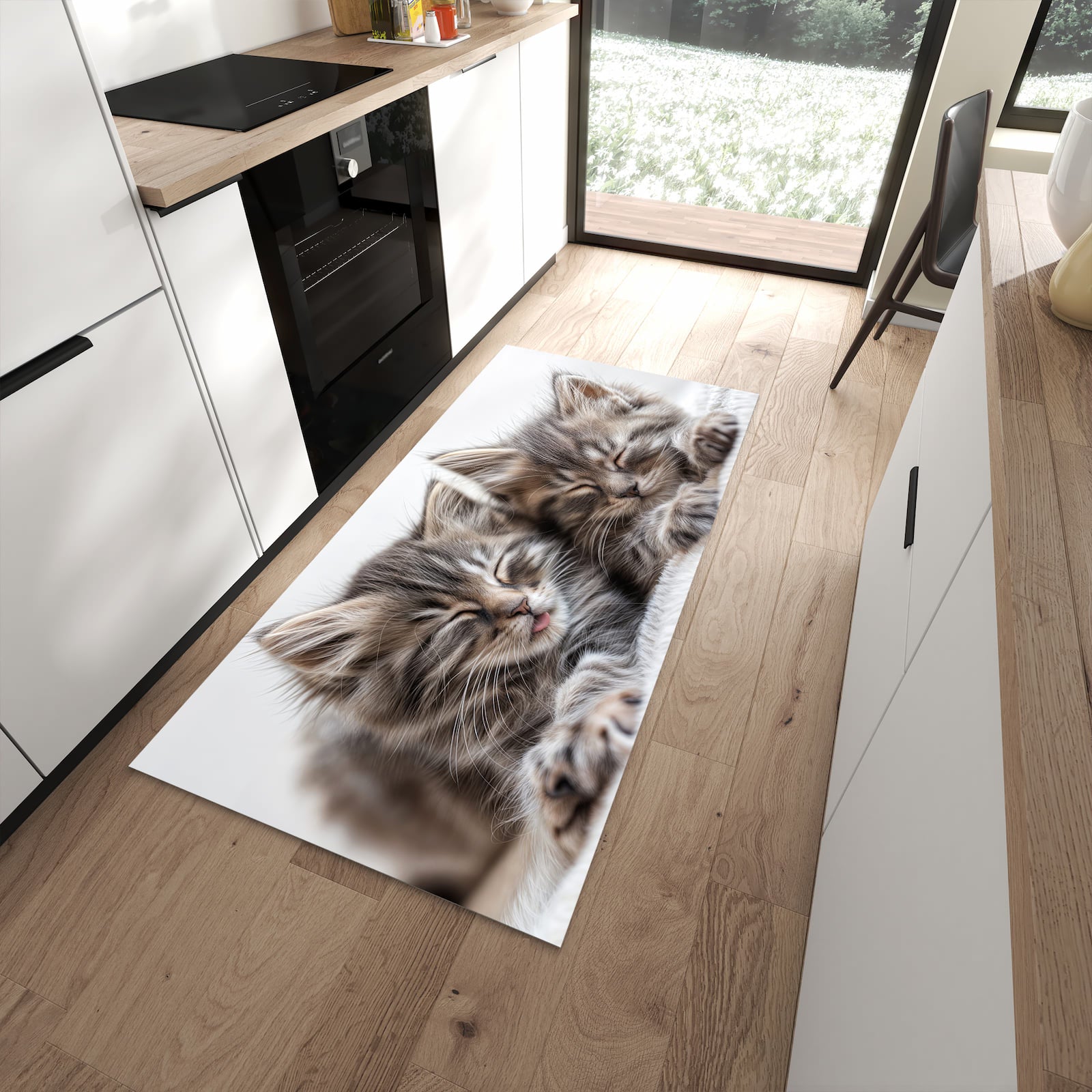Küchenteppich mit Motiv Schlafende Kätzchen für Trittkomfort in moderner Küche, waschbar