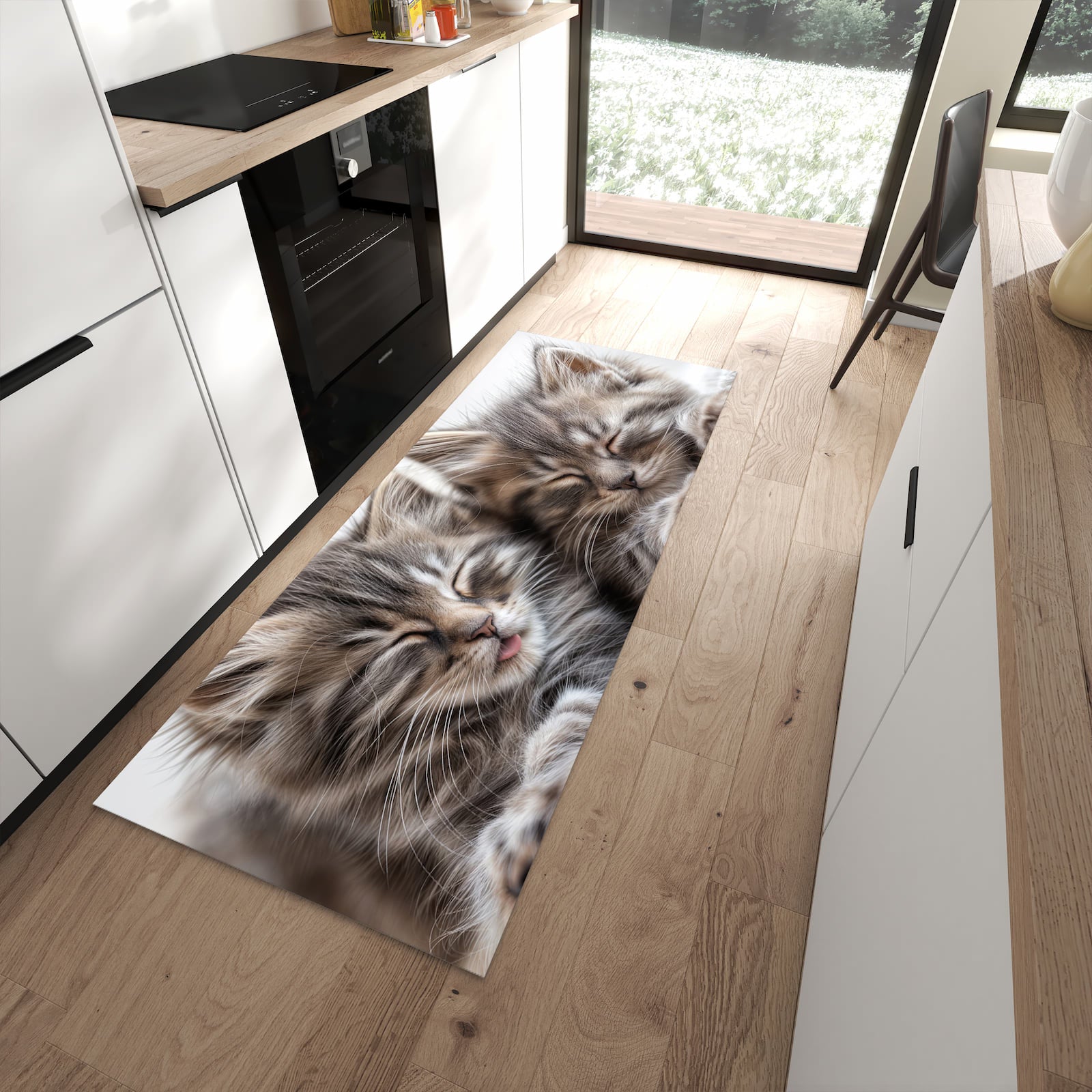 Zeitsparender rutschfester Läufer mit Motiv Schlafende Kätzchen in moderner Küche