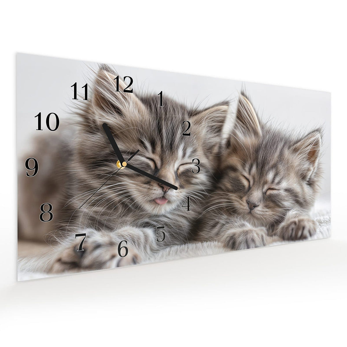 Vormontiert – mit Schwebeeffekt – Wanduhr Schlafende Kätzchen aus Glas – Querformat 60 × 30 cm