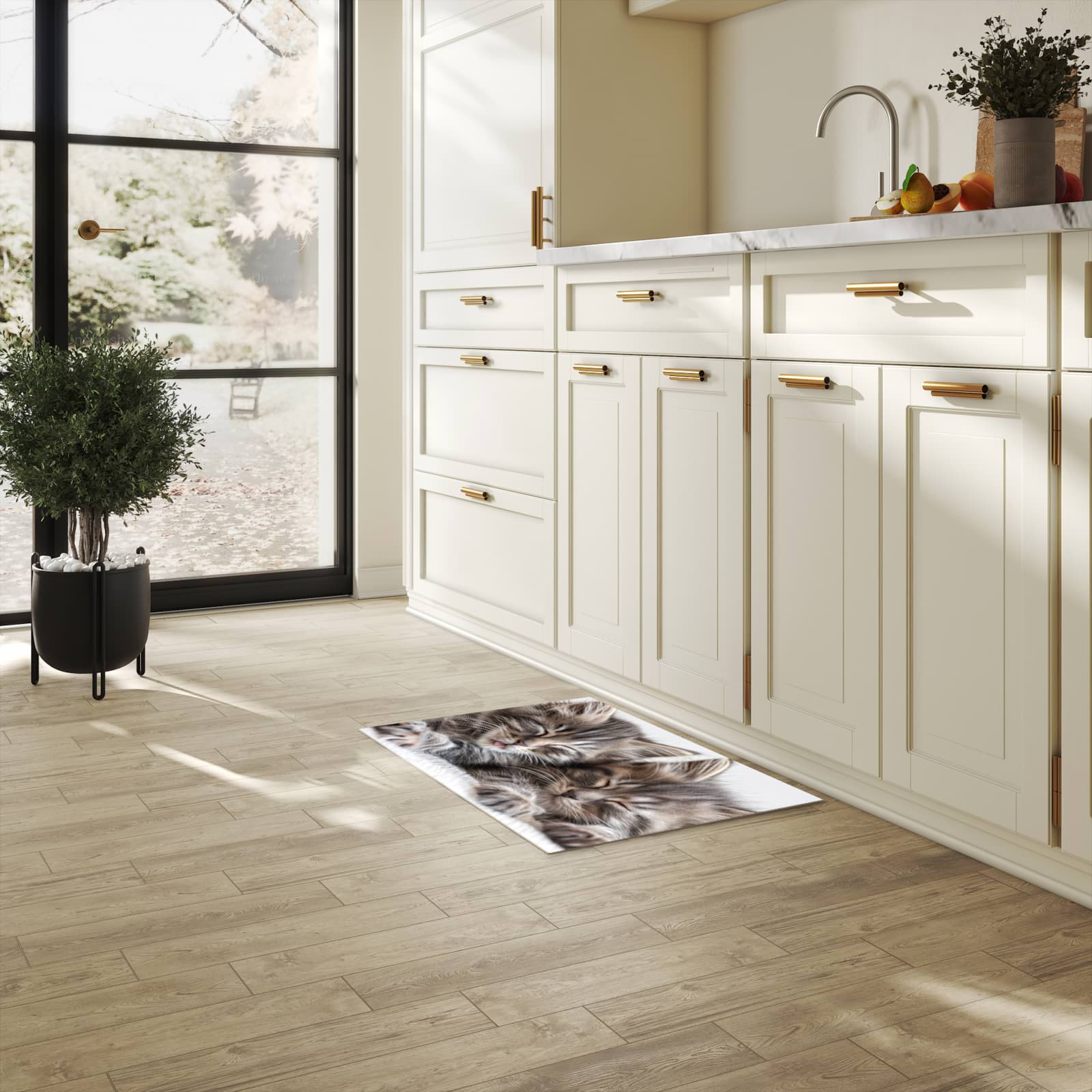 Schmutzabweisender Küchenläufer mit Motiv Schlafende Kätzchen in heller Küche