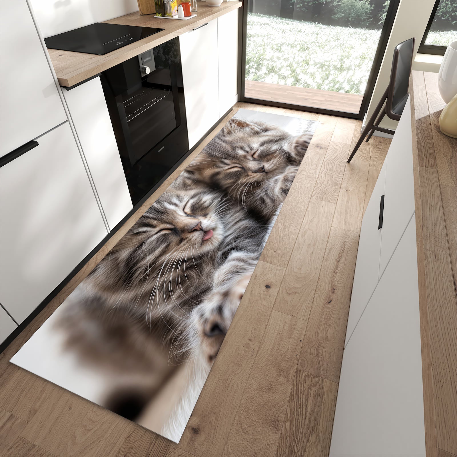 Abriebfester Küchenteppich mit Motiv Schlafende Kätzchen in moderner Küche