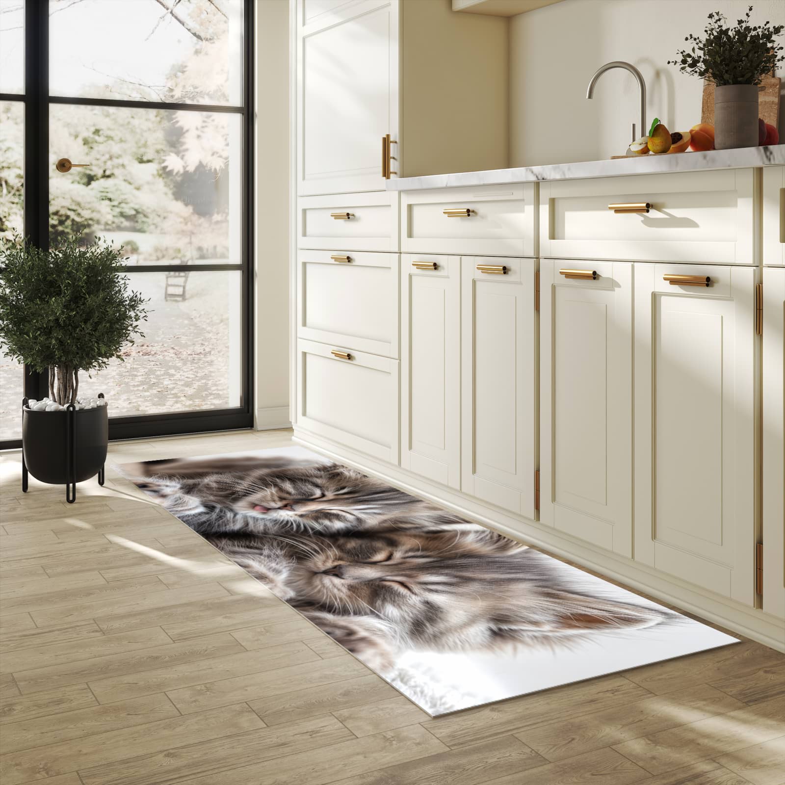 Langlebiger rutschfester Küchenläufer mit Motiv Schlafende Kätzchen in heller Küche