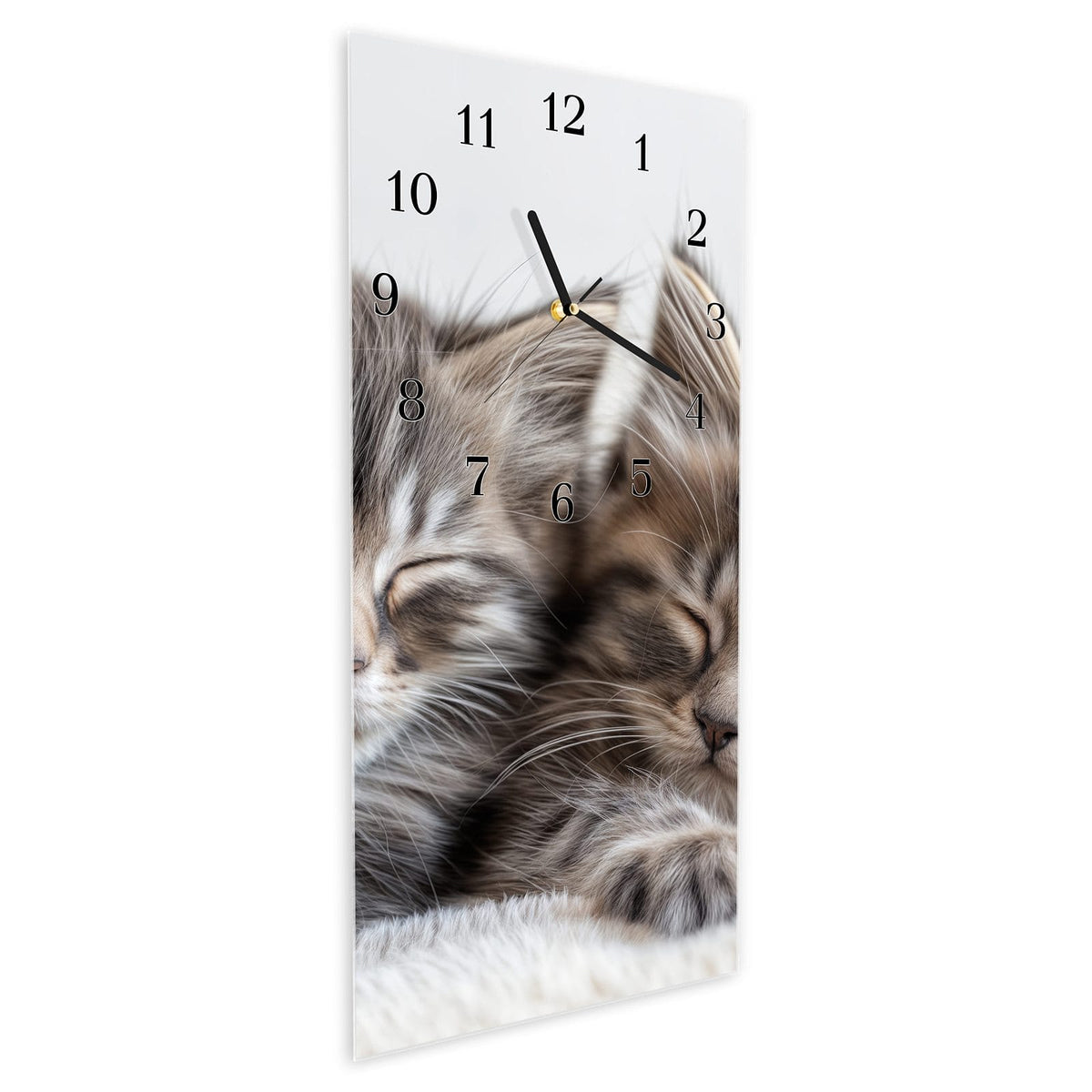 Vormontiert – mit Schwebeeffekt – Wanduhr Schlafende Kätzchen aus Glas – Hochformat 30 × 60 cm
