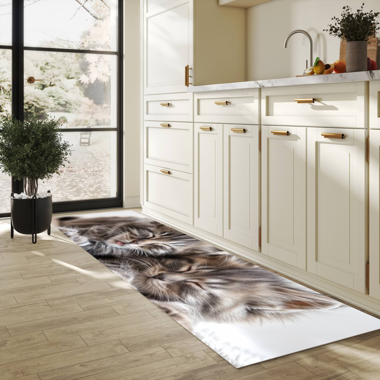 Pflegeleichter waschbarer Küchenläufer mit Motiv Schlafende Kätzchen in heller Küche