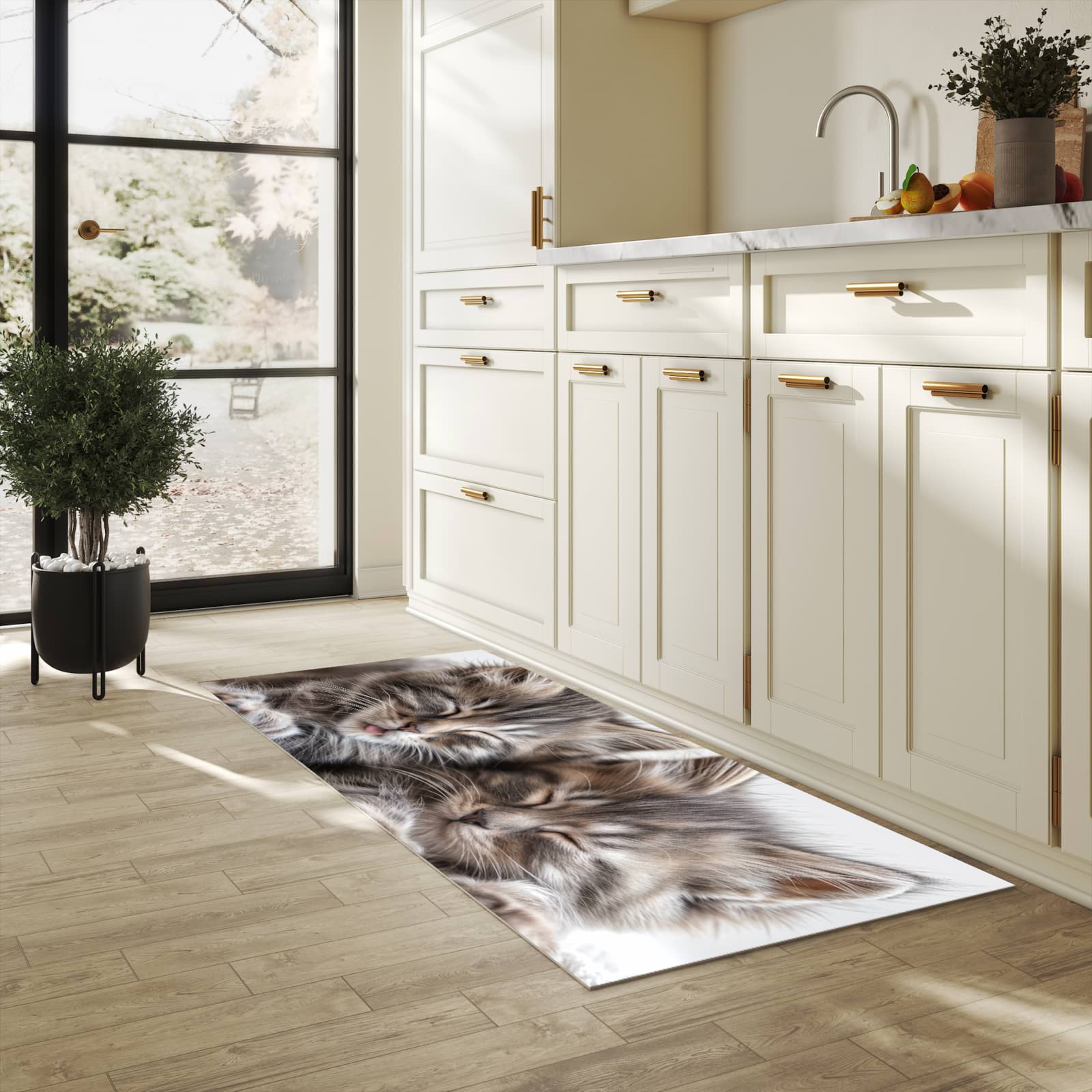 Geruchsneutraler rutschfester Küchenläufer mit Motiv Schlafende Kätzchen in heller Küche