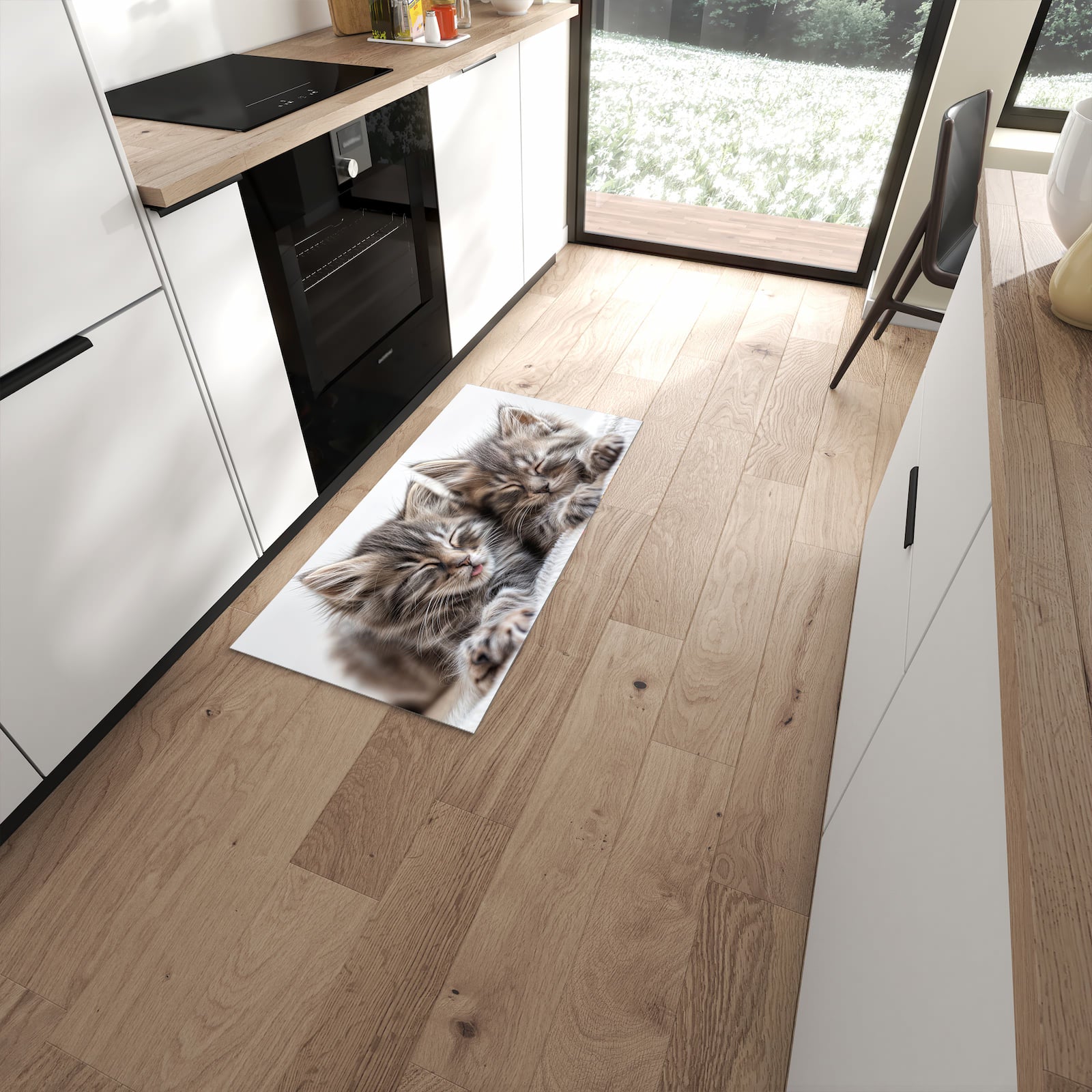 Feuchtigkeitsresistenter Küchenläufer mit Motiv Schlafende Kätzchen in moderner Küche #grösse_60 x 120 cm