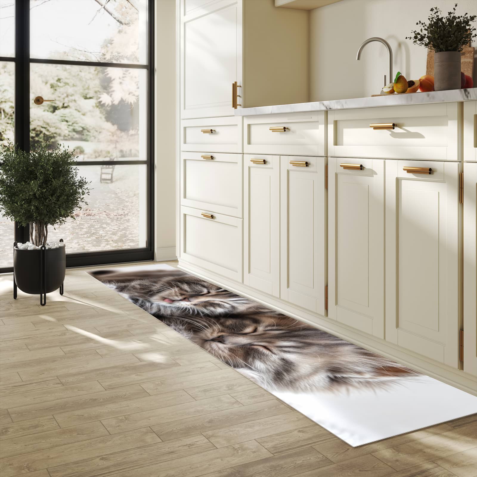 Fleckenresistenter Küchenläufer mit Motiv Schlafende Kätzchen in heller Küche