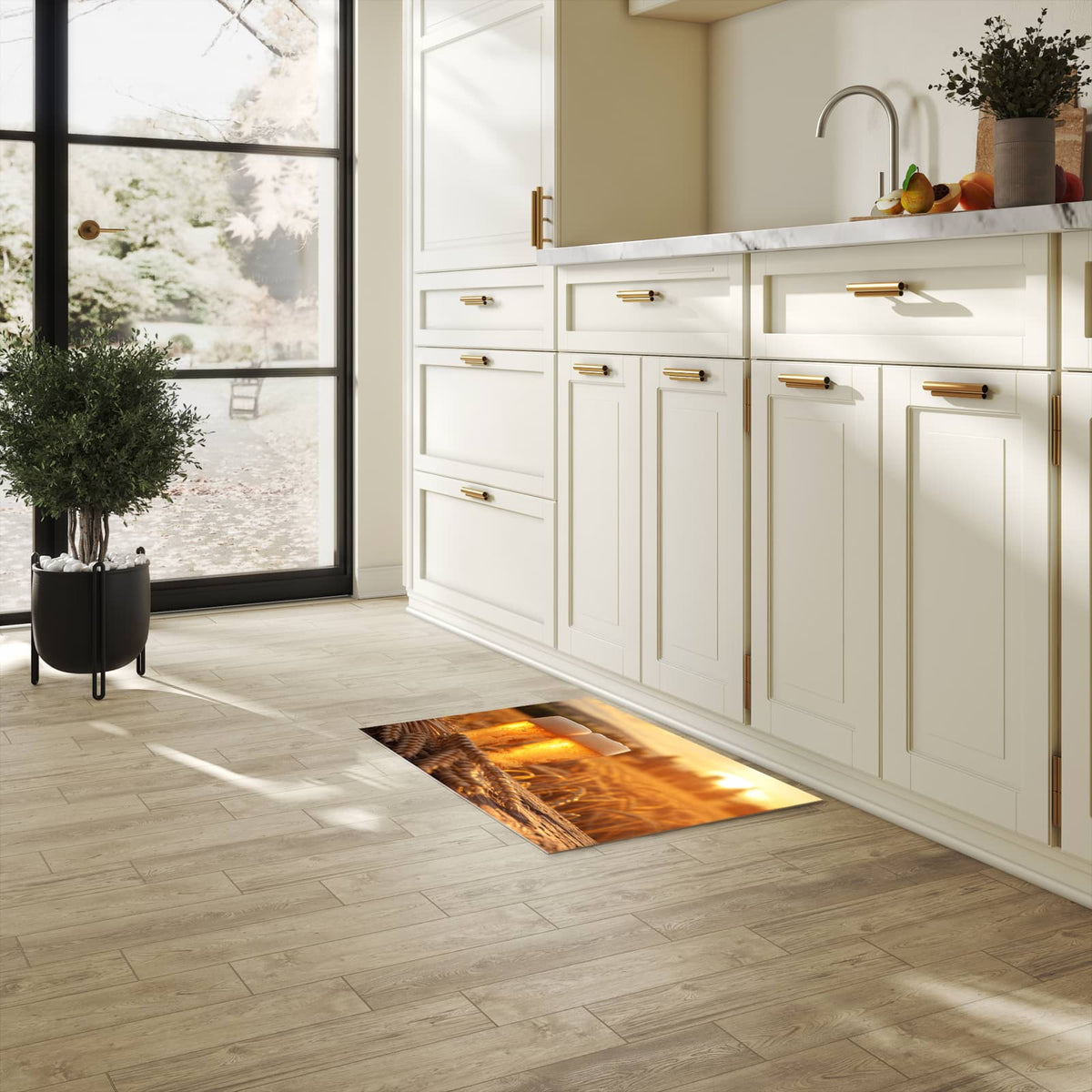 Bodenschonender Bodenläufer-Teppich mit Motiv Sonnenuntergangsbecher in heller Küche