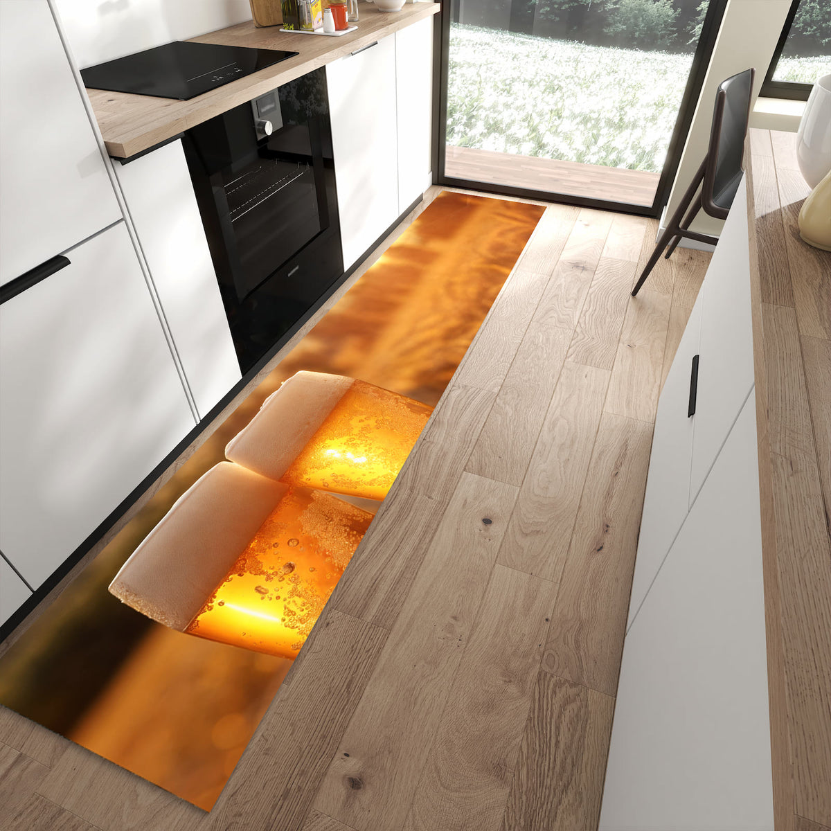 Rutschfester Küchenteppich mit Motiv Sonnenuntergangsbecher in moderner Küche