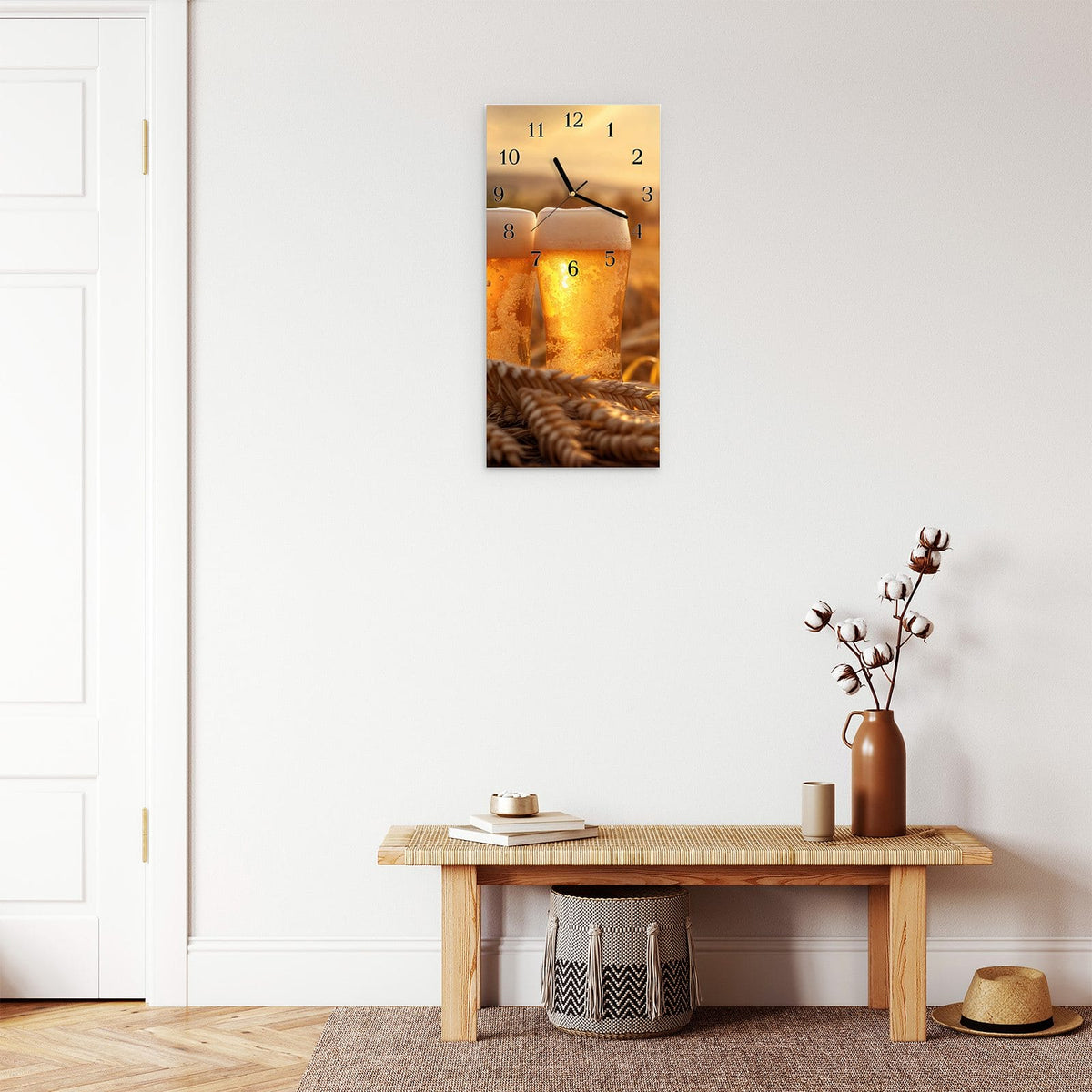Moderne Wanduhr aus Glas mit Farbtiefe – Wanduhr Sonnenuntergangsbecher aus Glas – Hochformat 30 × 60 cm