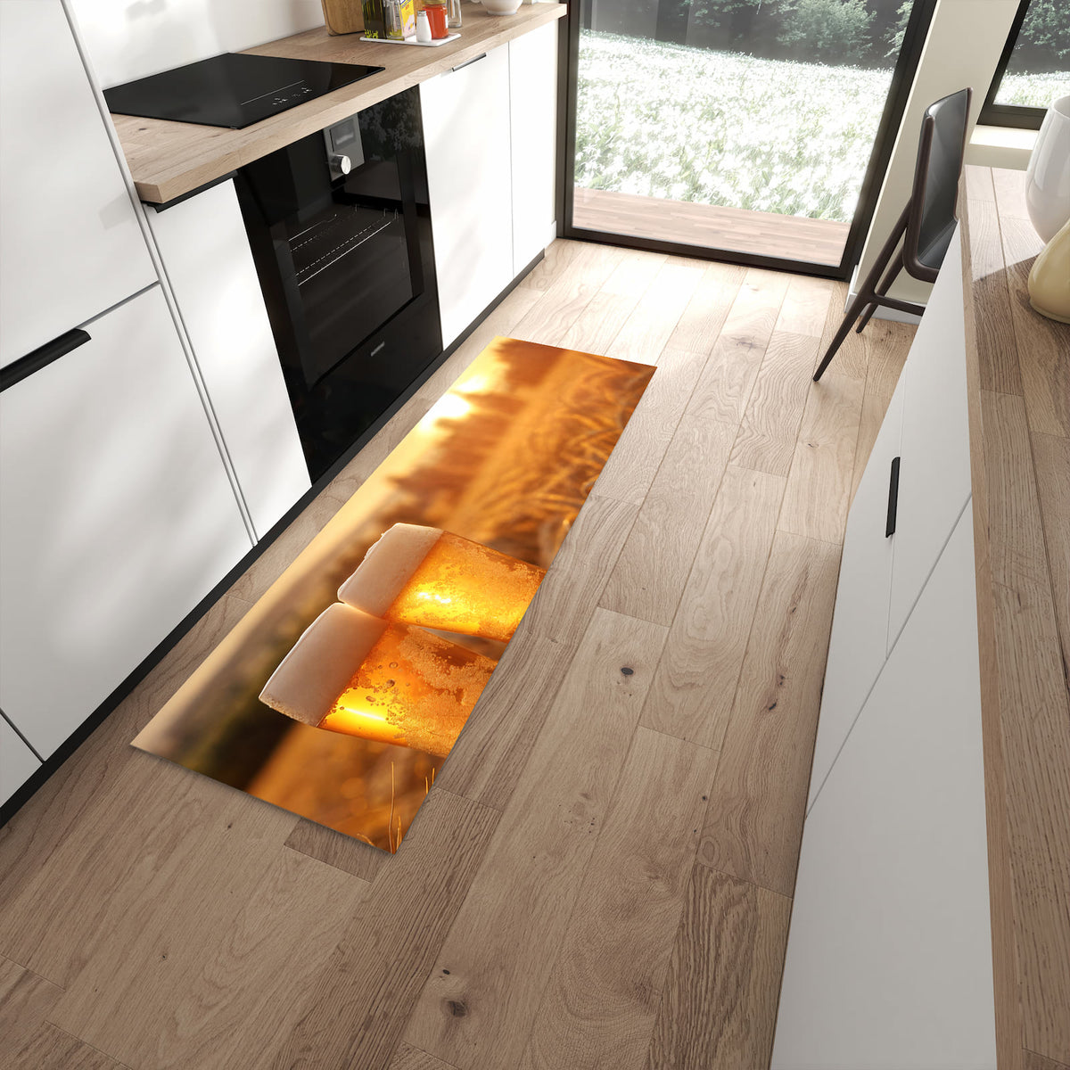 Flacher Küchenteppich mit Motiv Sonnenuntergangsbecher in moderner Küche