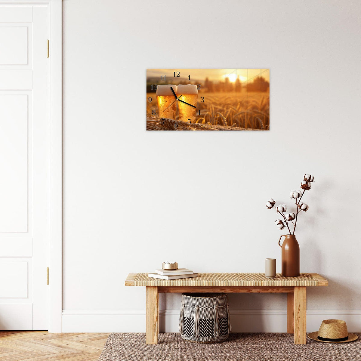 Moderne Wanduhr aus Glas mit Farbtiefe – Wanduhr Sonnenuntergangsbecher aus Glas – Querformat 60 × 30 cm