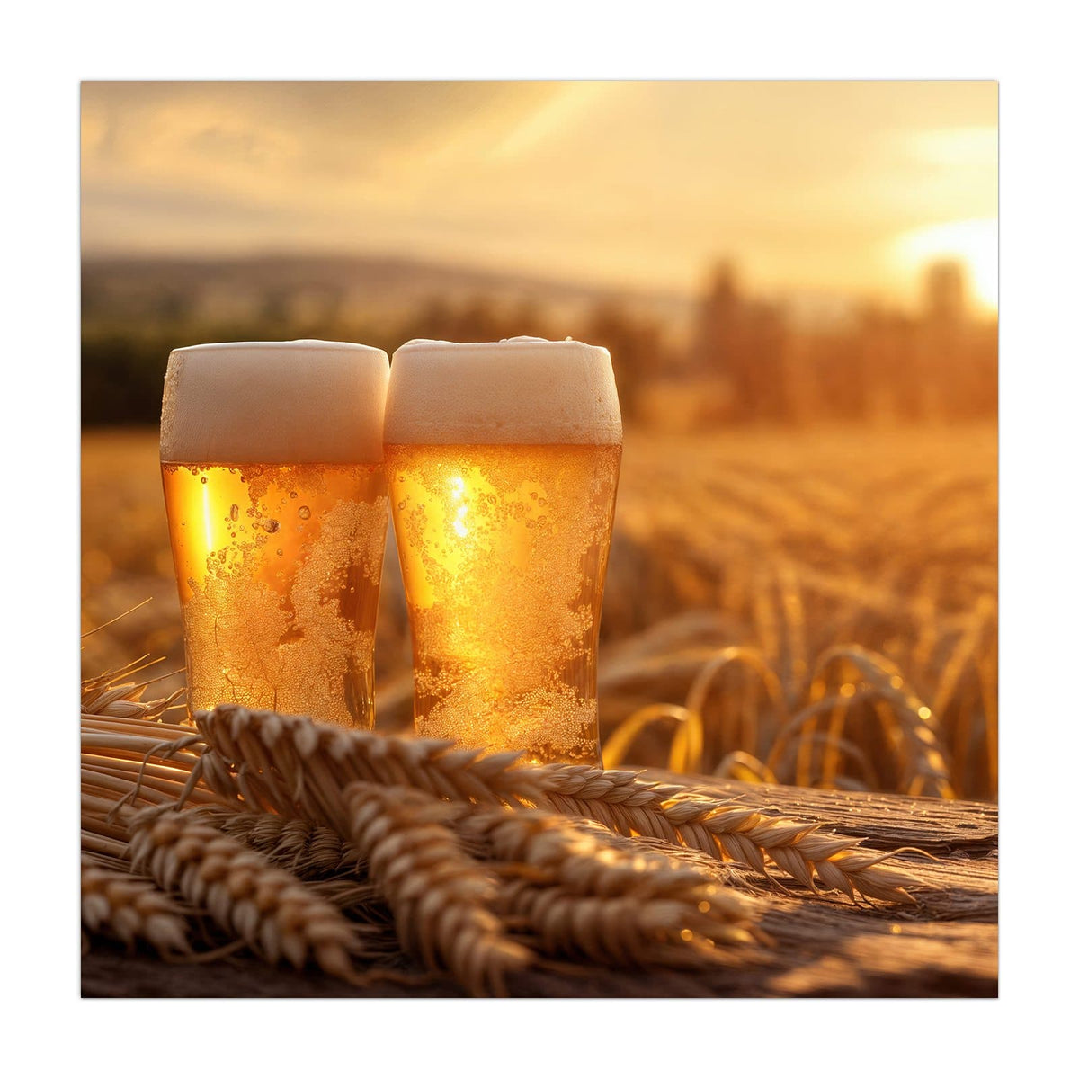 Küchenrückwand aus Glas Biergläser im Kornfeld im quadratischen Format, Motiv bildfüllend von vorn