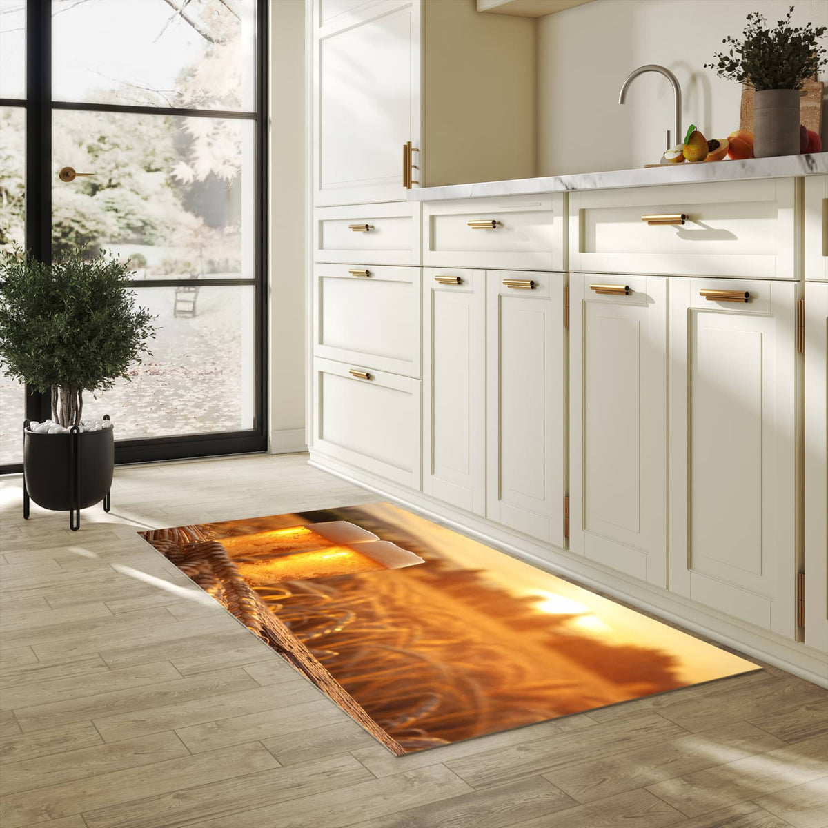 Küchenteppich mit Motiv Sonnenuntergangsbecher in heller Küche für sicheres Aufbewahren