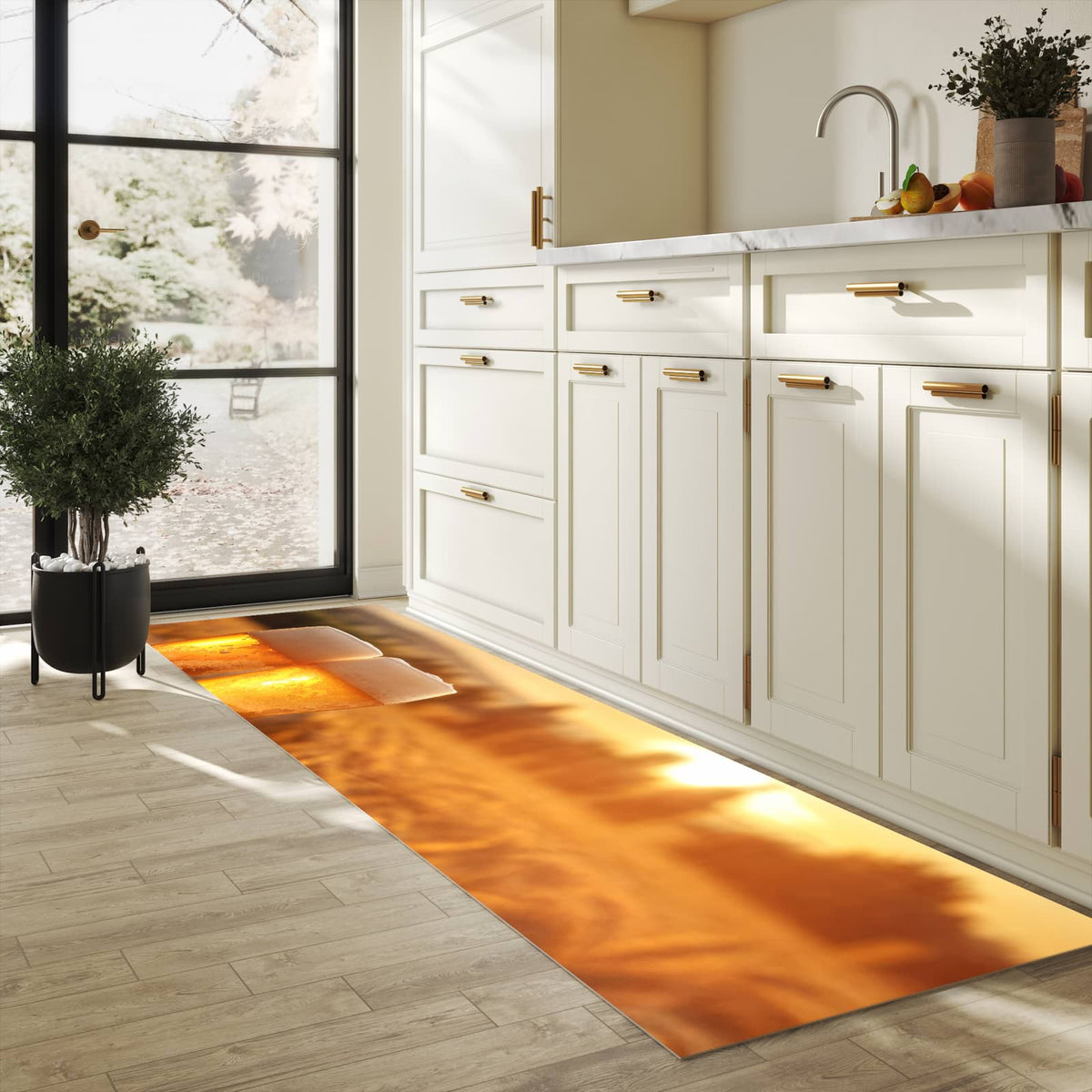 Formstabiler rutschfester Küchenteppich mit Motiv Sonnenuntergangsbecher in heller Küche